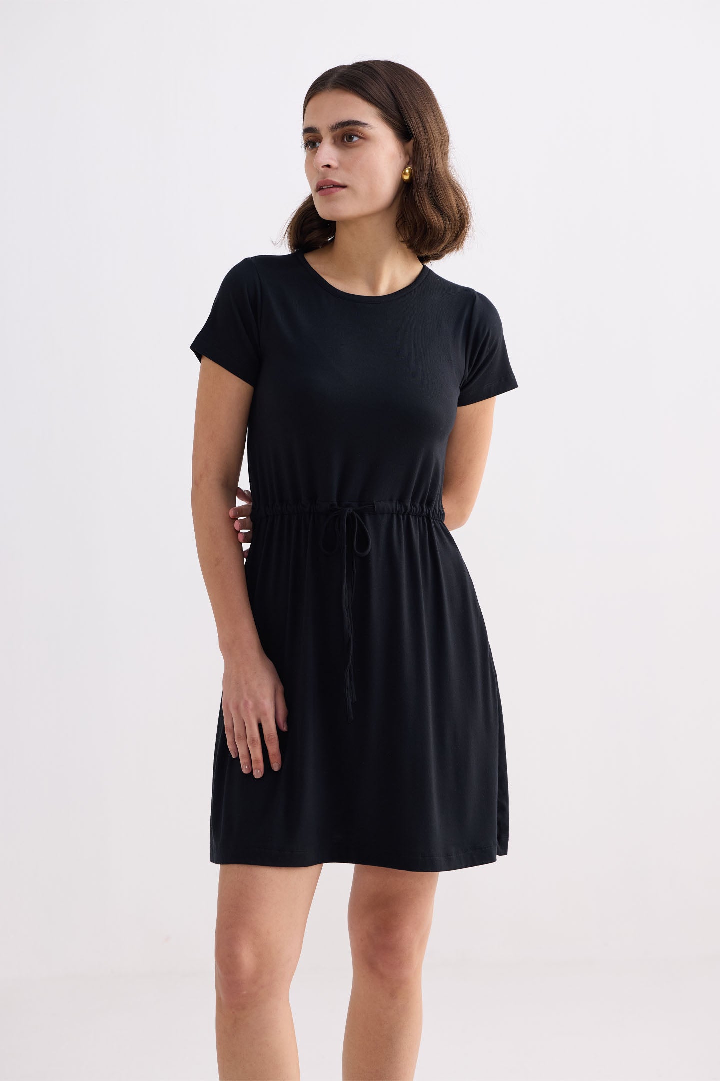 Drawstring Short T-shirt Dress in Black Front