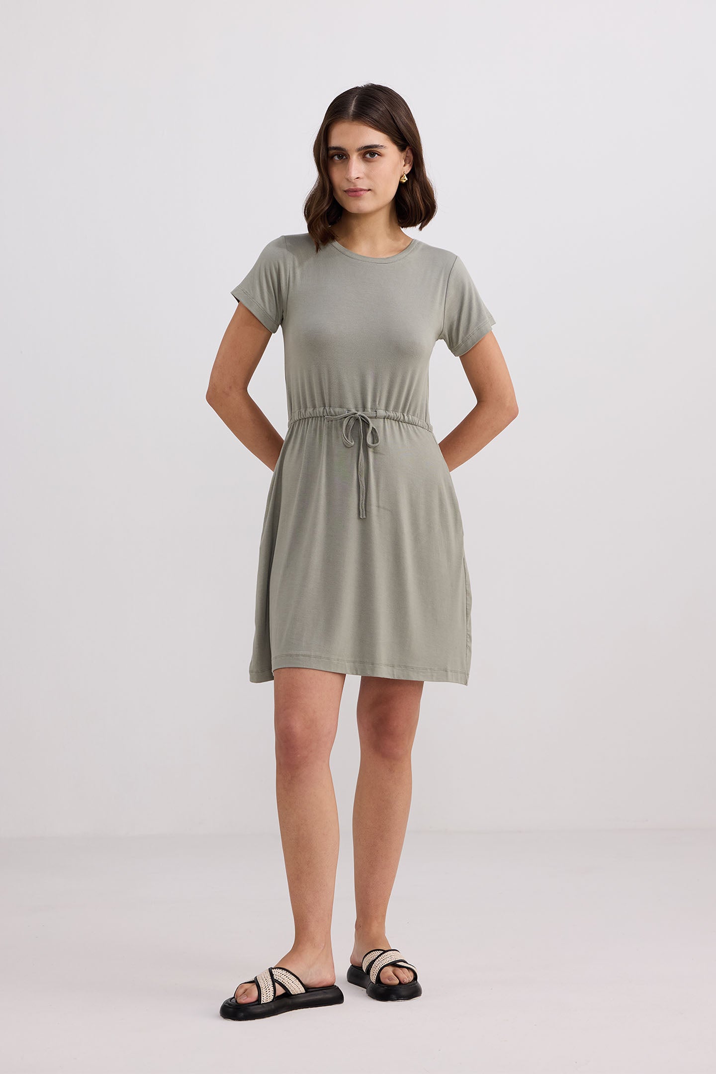 Drawstring Short T-shirt Dress in Light Olive Front 