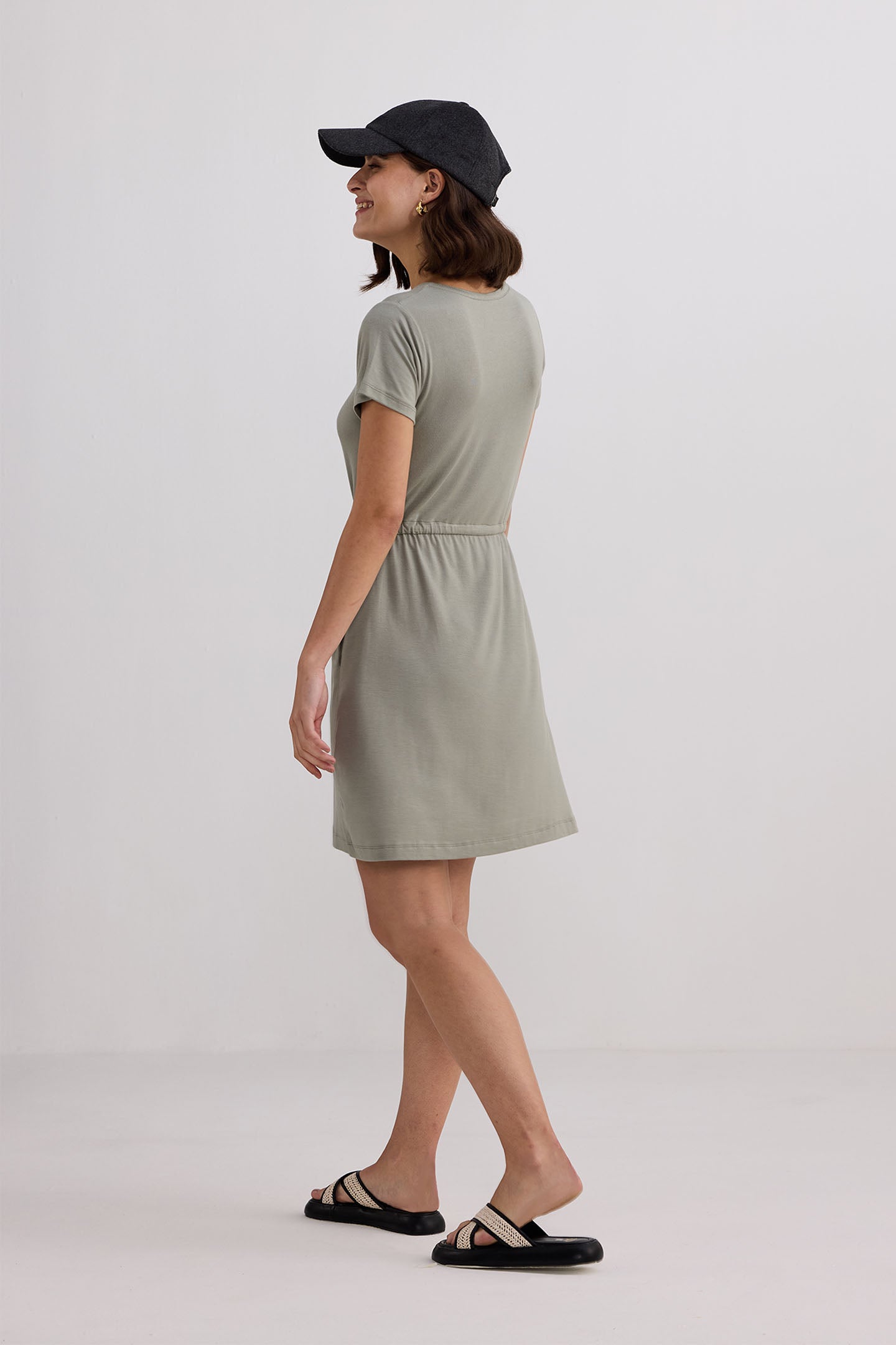 Drawstring Short T-shirt Dress in Light Olive Side