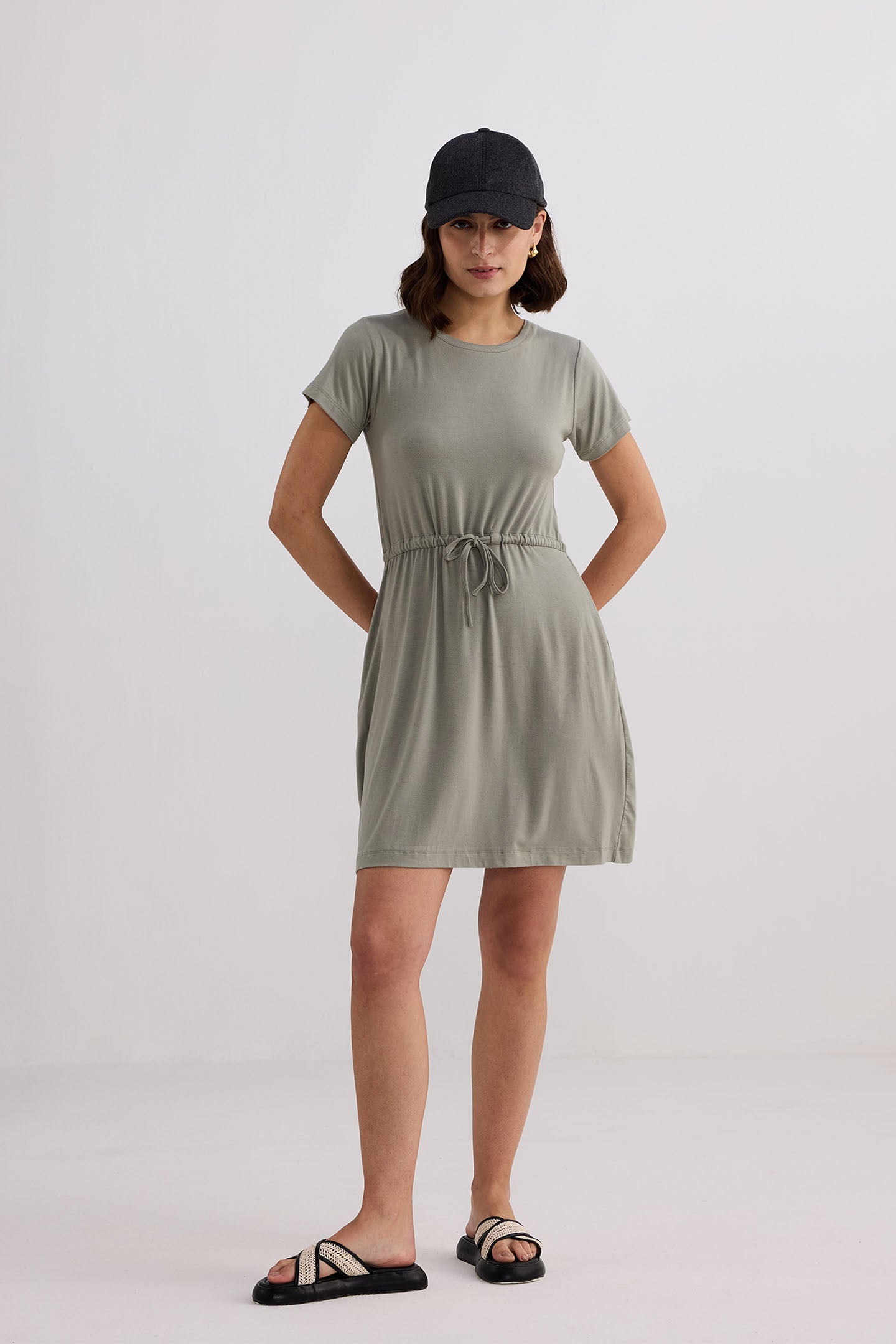Drawstring Short T-shirt Dress in Light Olive Front