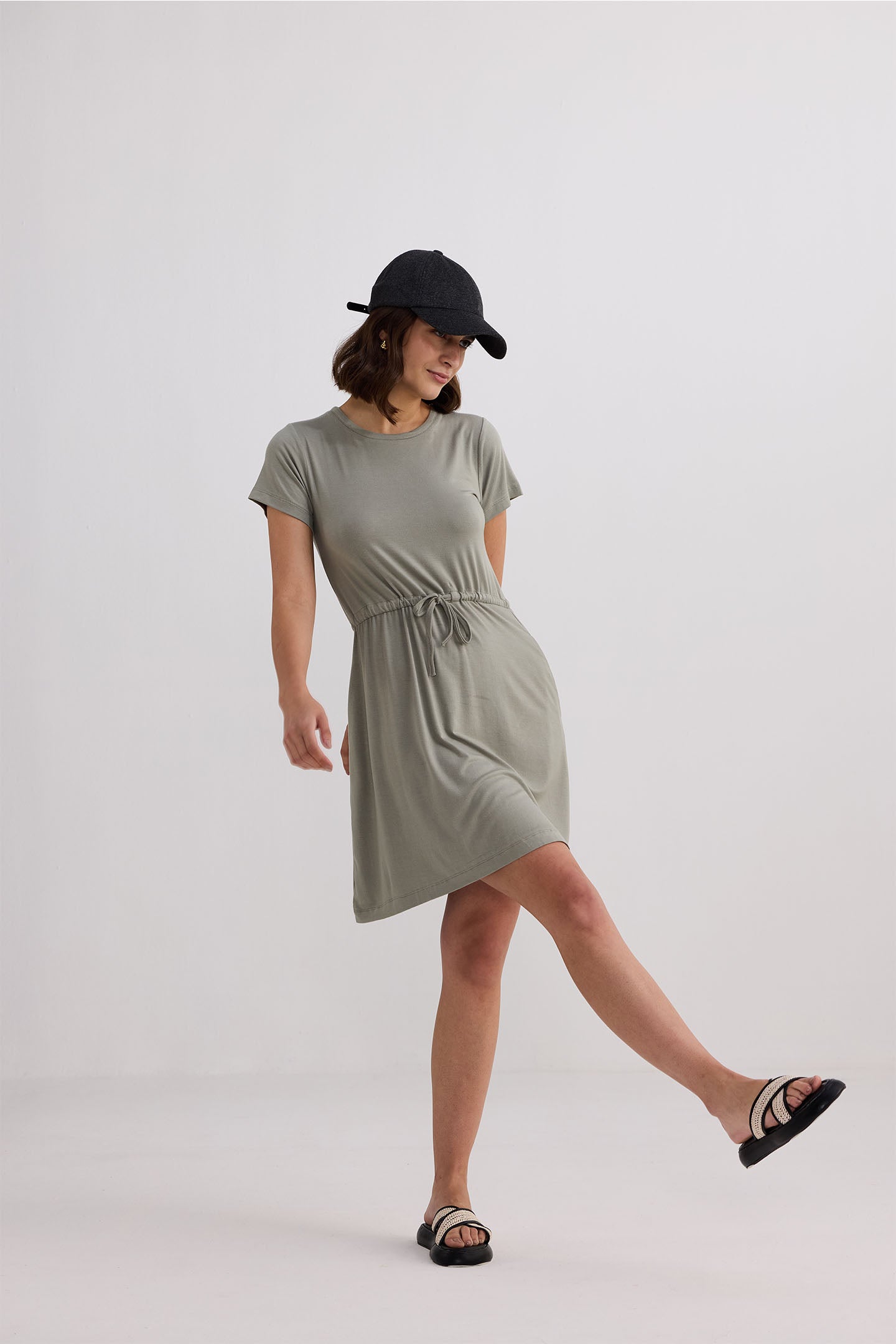 Drawstring Short T-shirt Dress in Light Olive Moodshot
