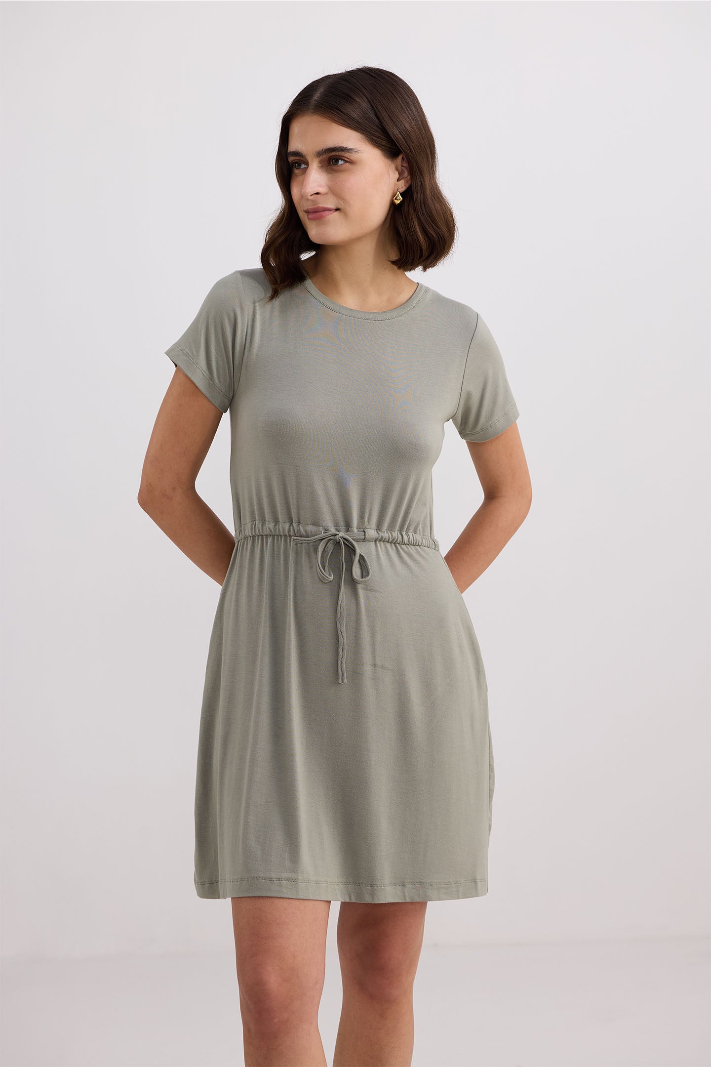 Drawstring Short T-shirt Dress in Light Olive Front