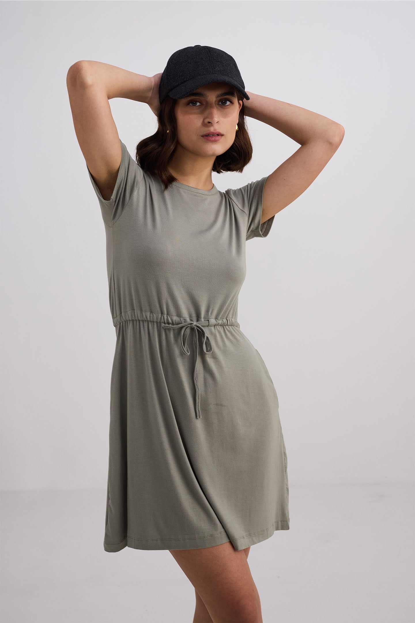 Drawstring Short T-shirt Dress in Light Olive Moodshot