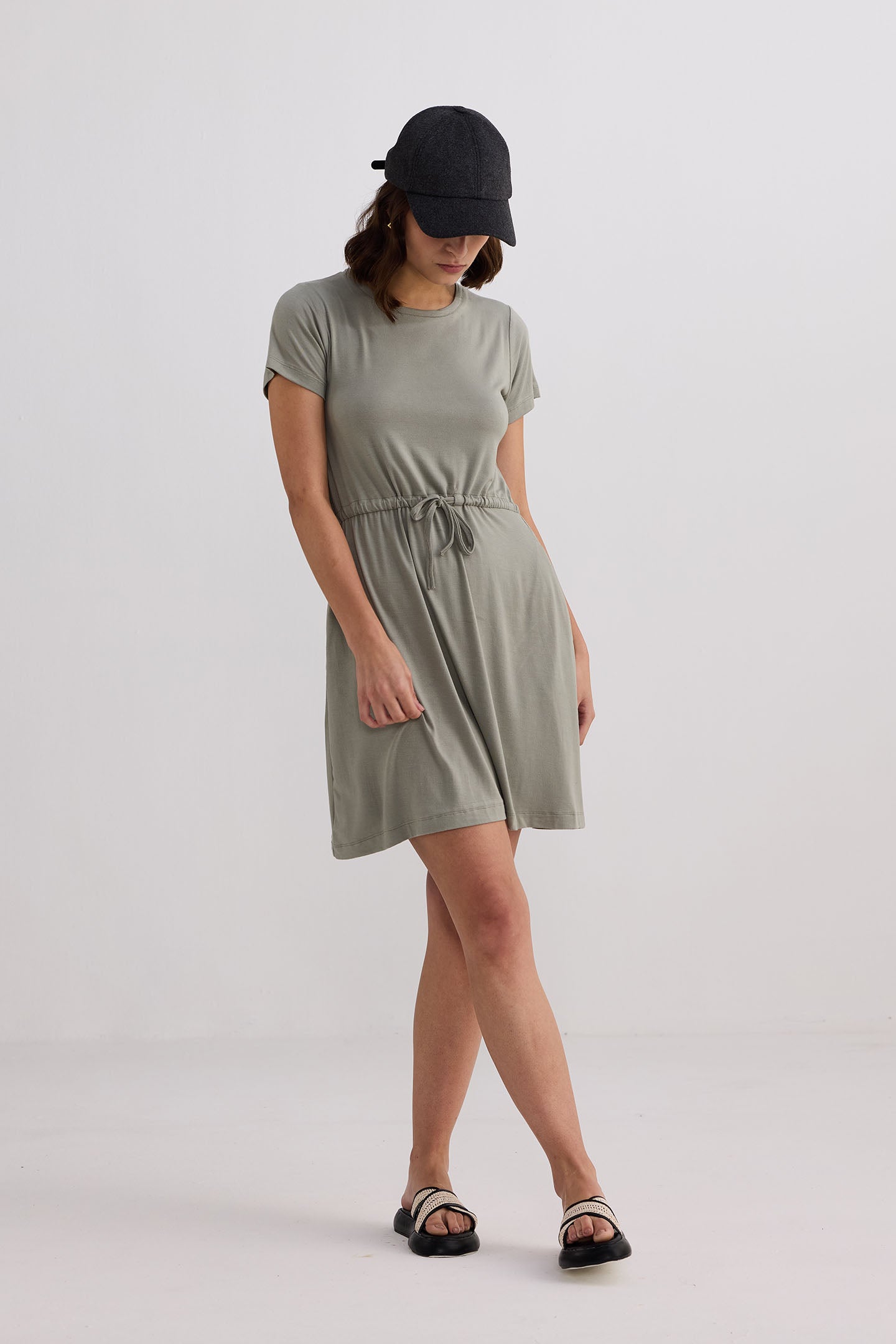 Drawstring Short T-shirt Dress in Light Olive Moodshot