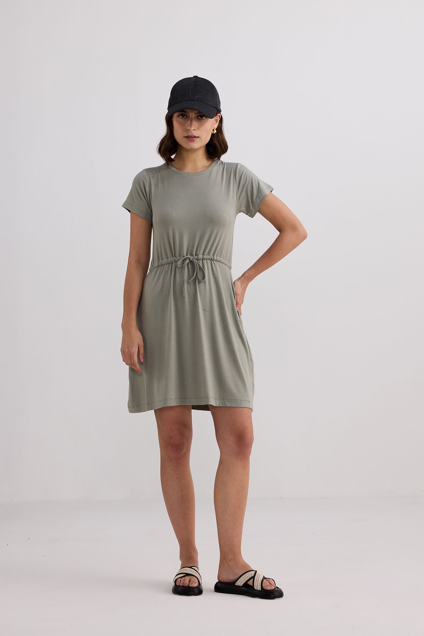 Drawstring Short T-shirt Dress in Light Olive Front