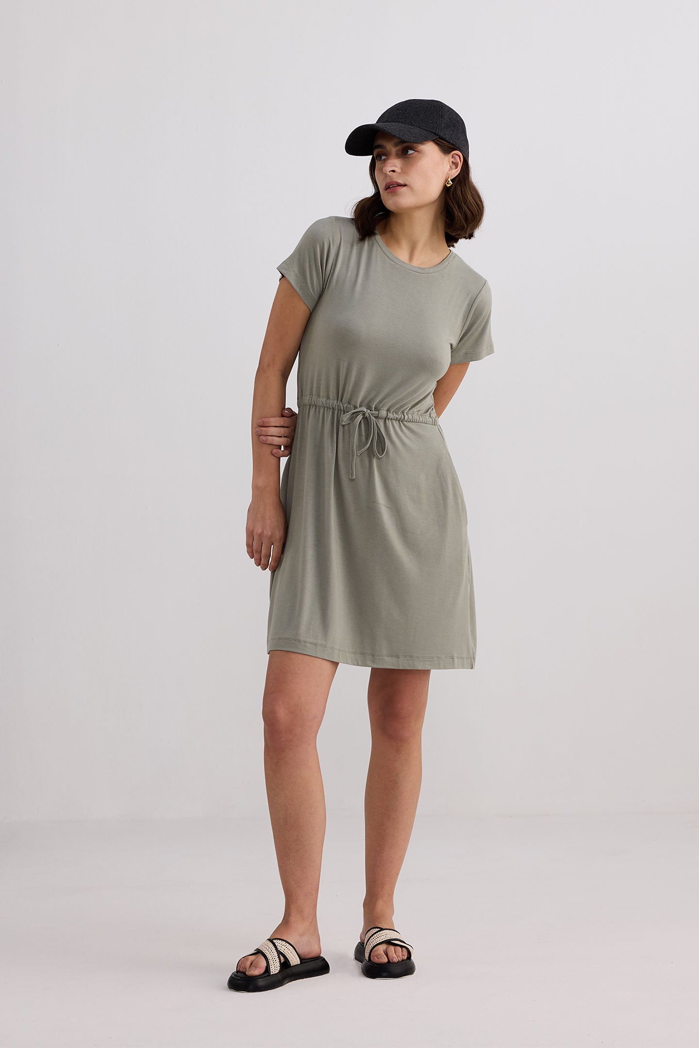 Drawstring Short T-shirt Dress in Light Olive Side