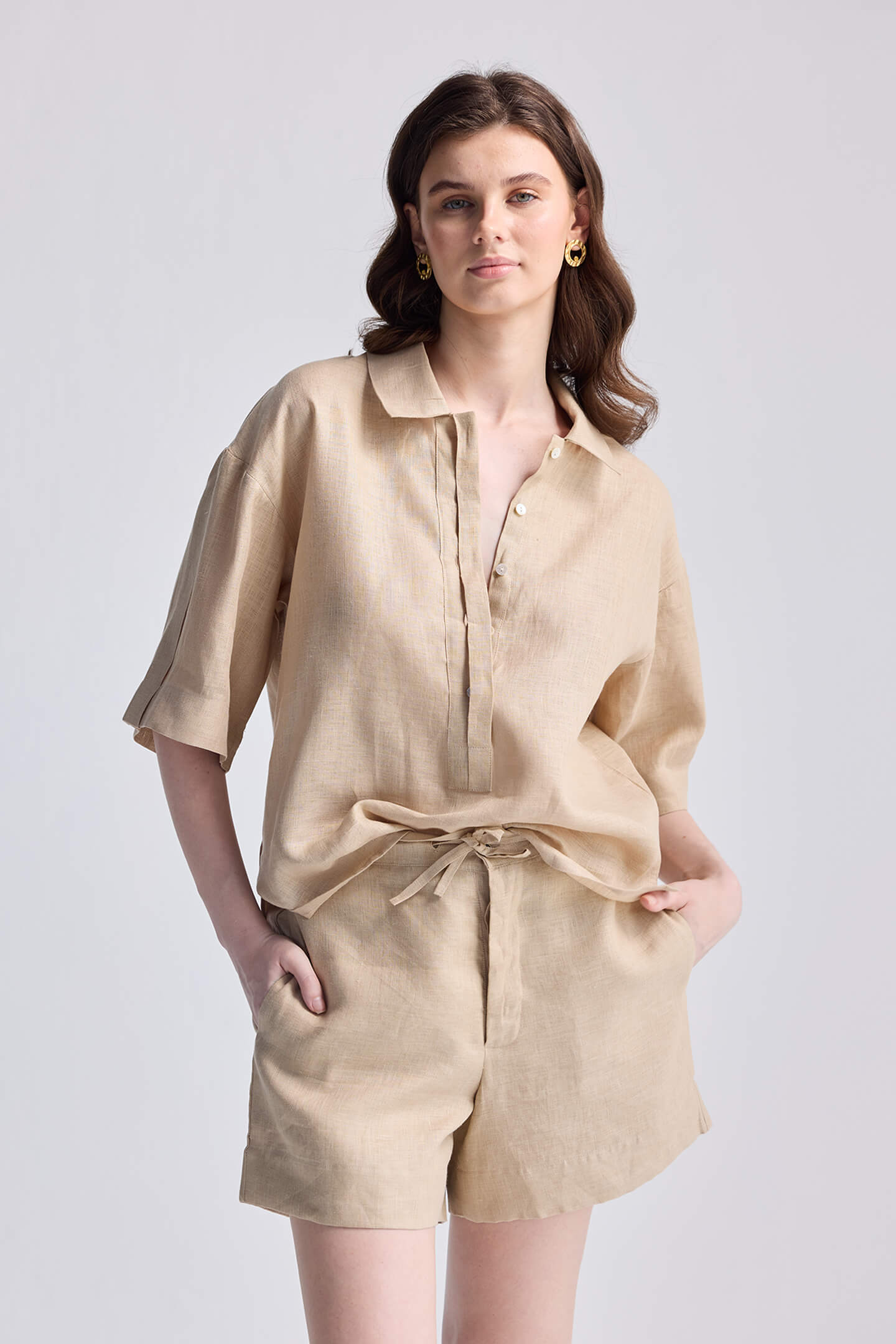 Drawstring Shorts in Neutral Beige Moodshot