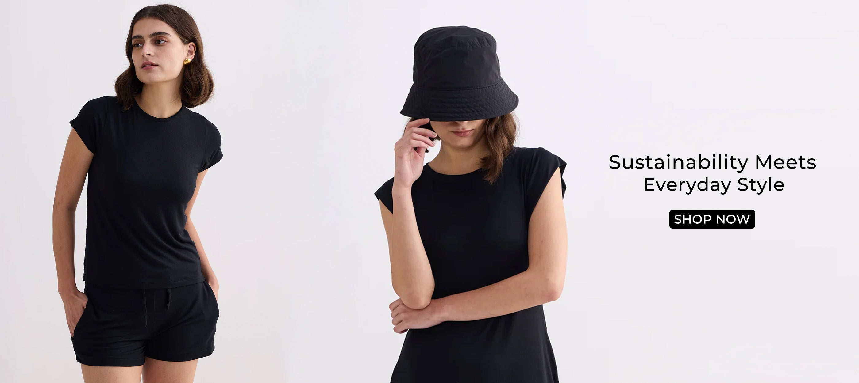 Two women wearing black outfits with a hat, standing against a white background. Text 'Sustainability Meets Everyday Style' and 'Shop Now' is displayed.