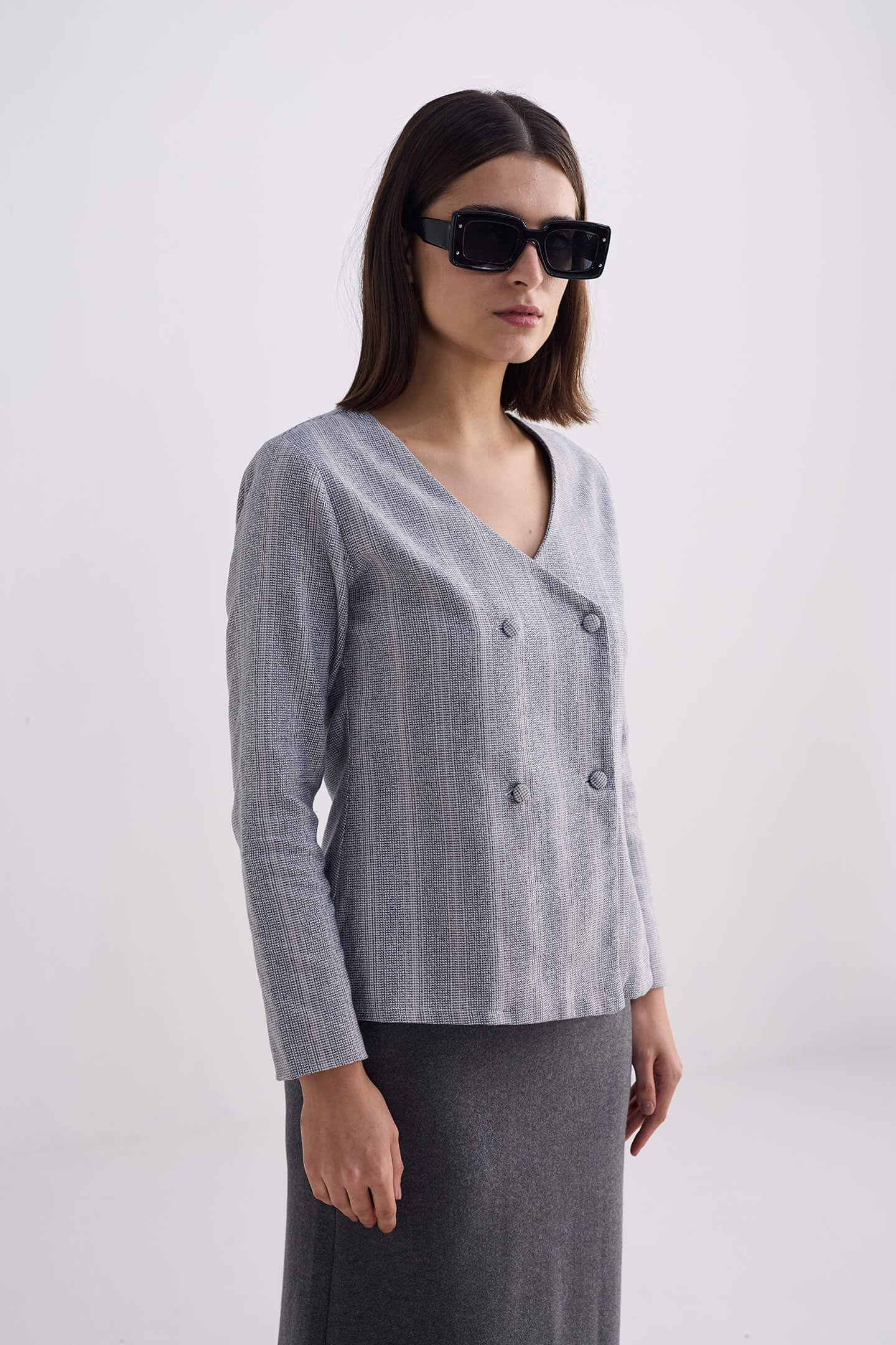 Fitted Cotton Tweed Jacket in Grey Medium Shot