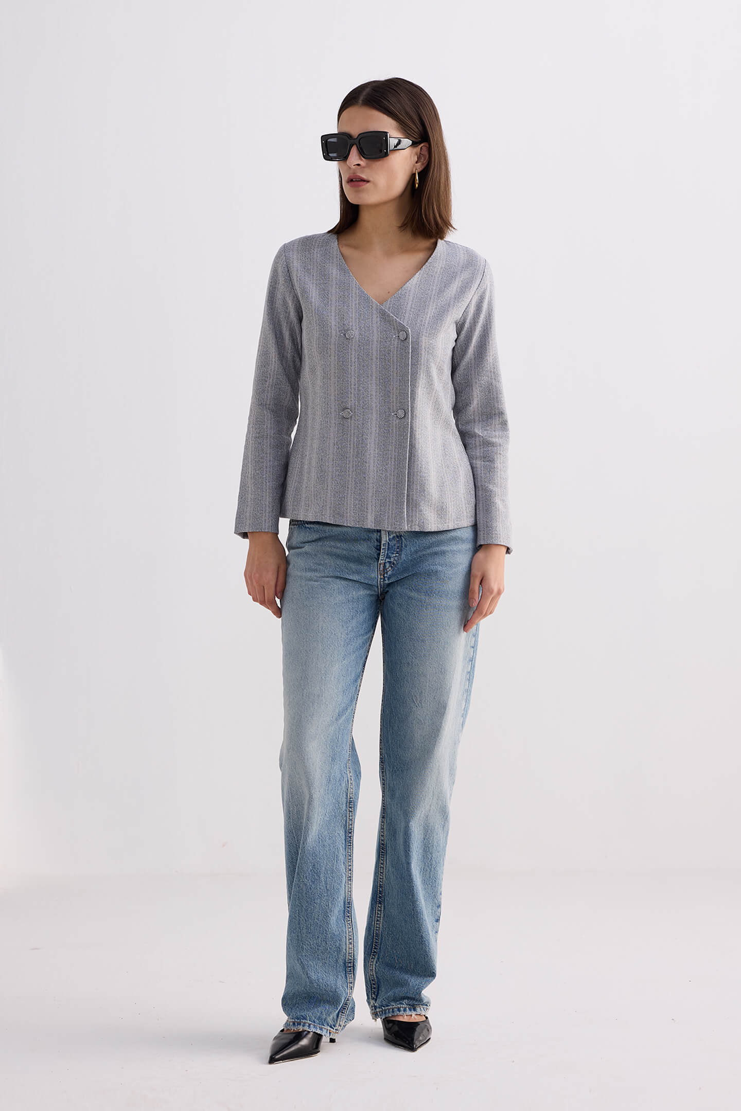 Fitted Cotton Tweed Jacket in Grey Long Shot