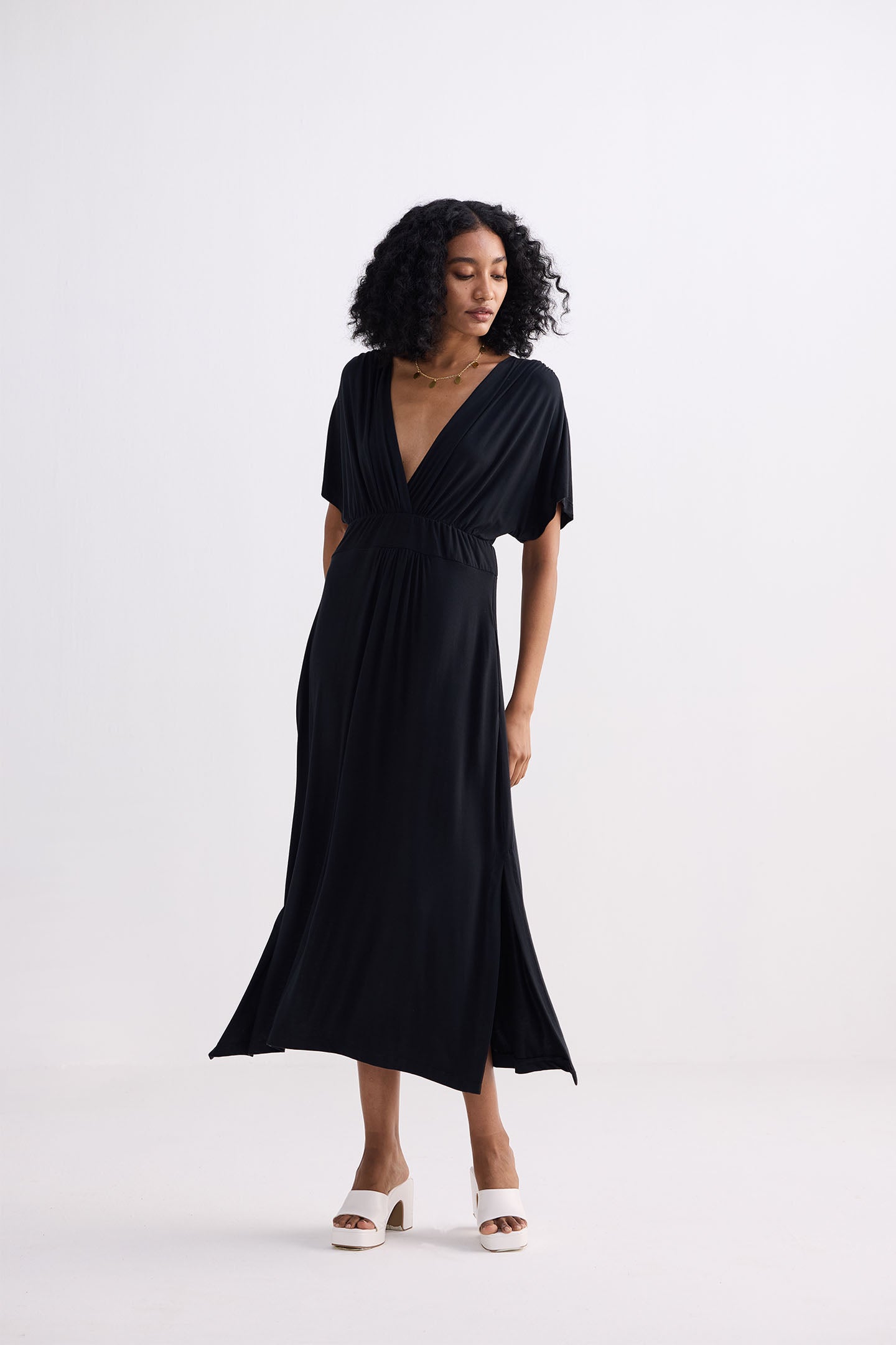 Flowy A-Line Maxi Dress with Side Slits in Black Front