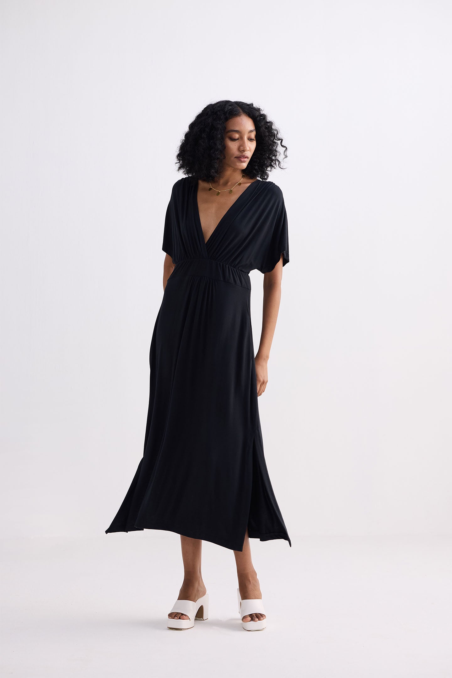 Flowy A-Line Maxi Dress with Side Slits in Black