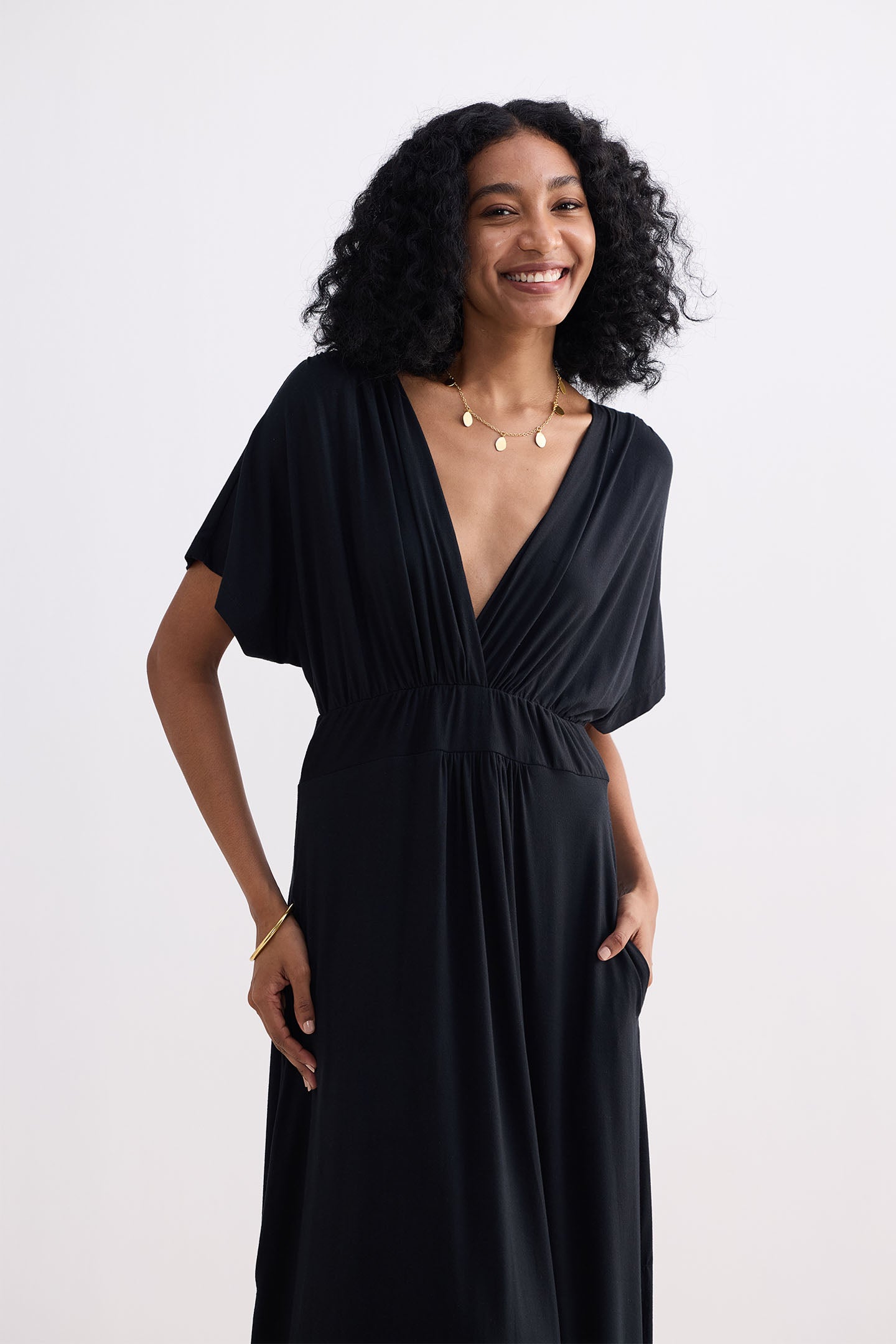 Flowy A-Line Maxi Dress with Side Slits in Black Closeup