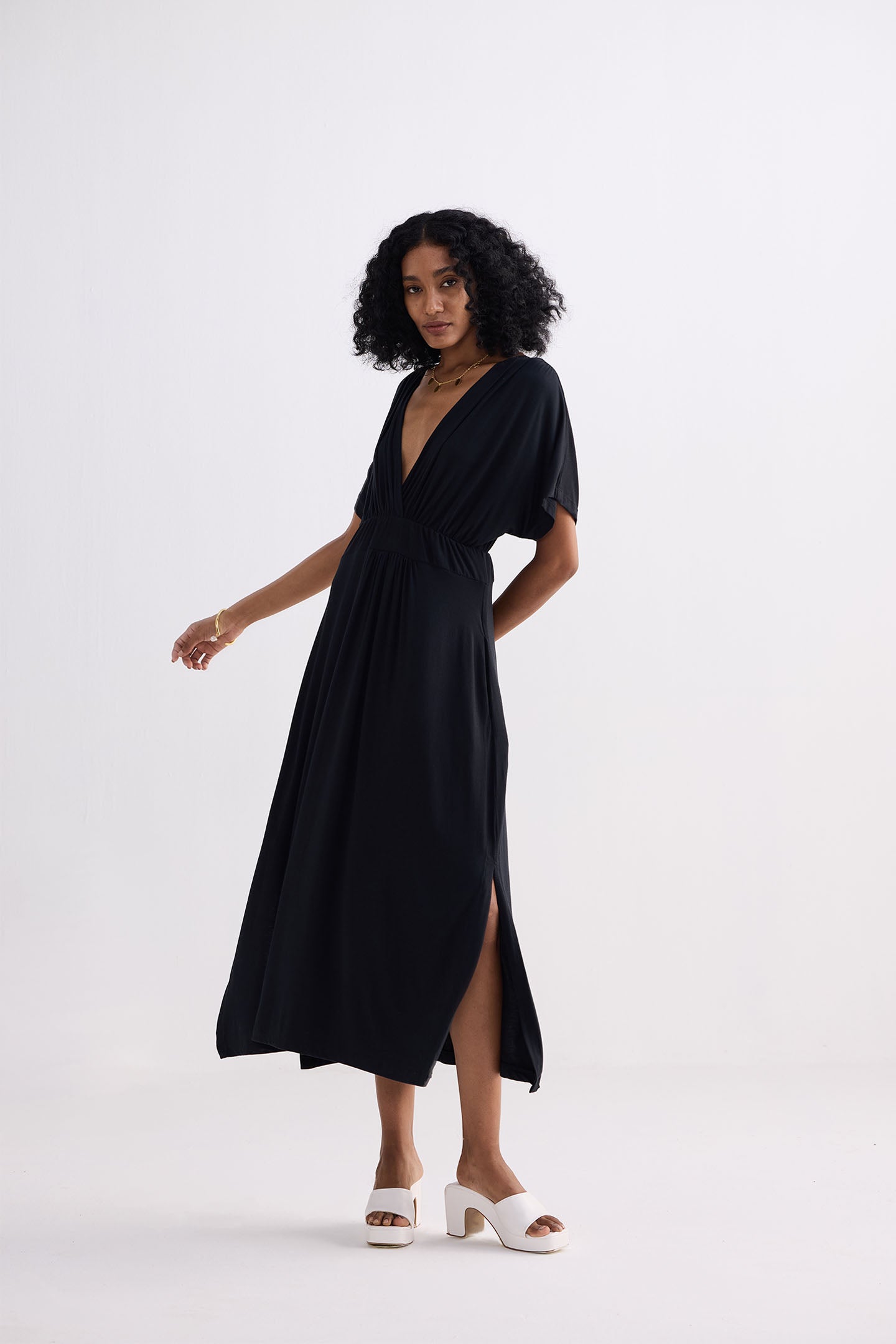 Flowy A-Line Maxi Dress with Side Slits in Black Side
