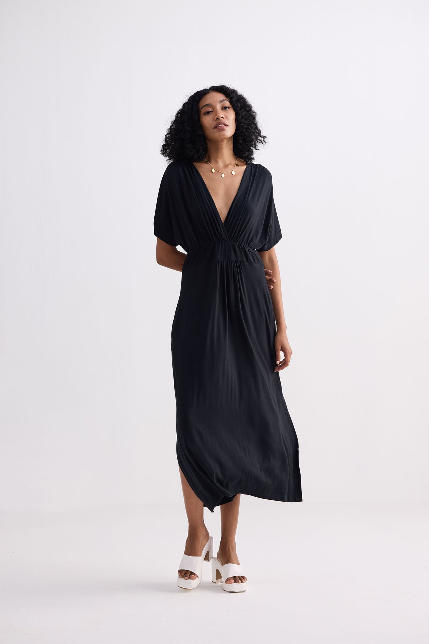 Flowy A-Line Maxi Dress with Side Slits in Black Front