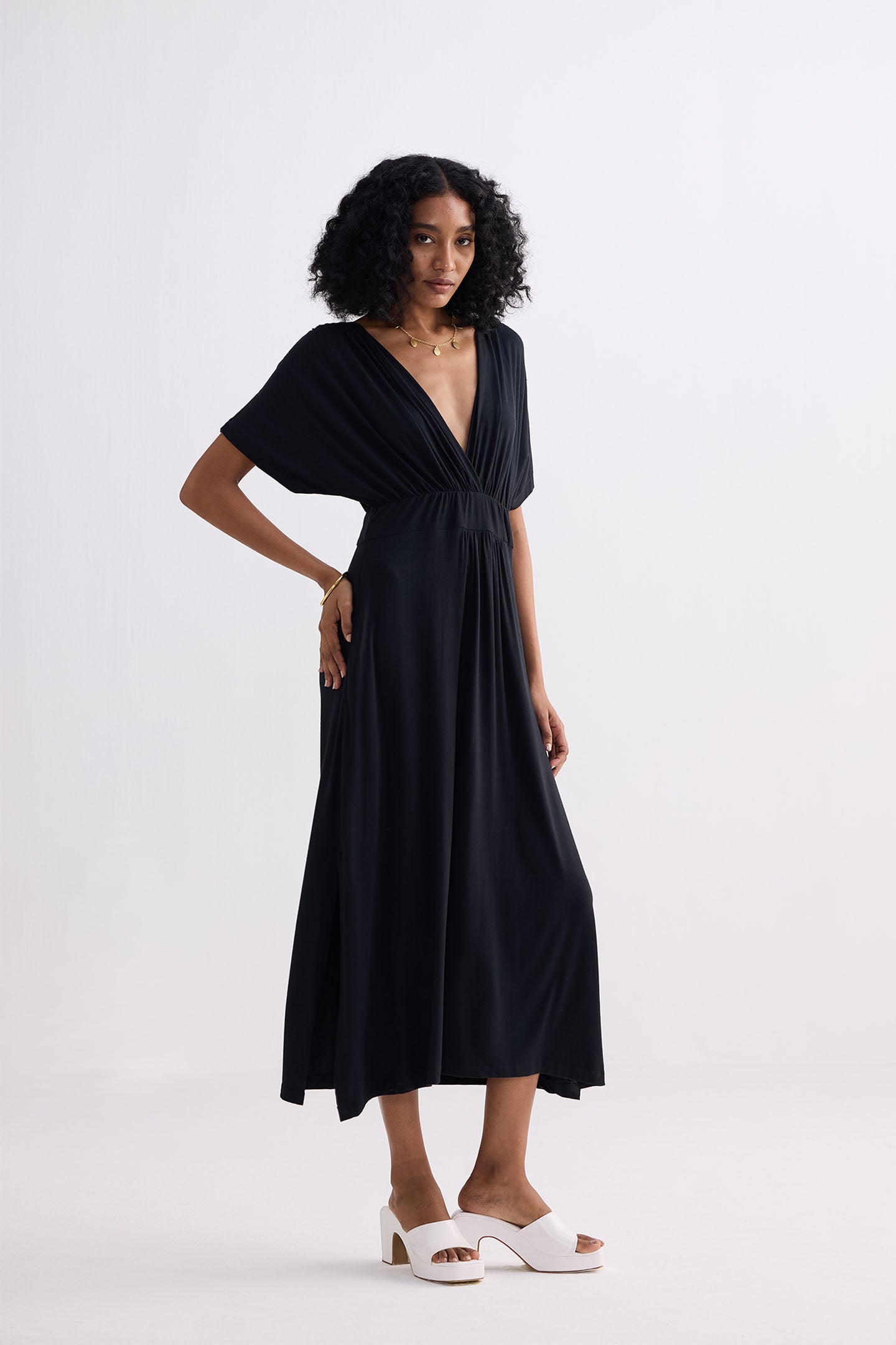 Flowy A-Line Maxi Dress with Side Slits in Black Side