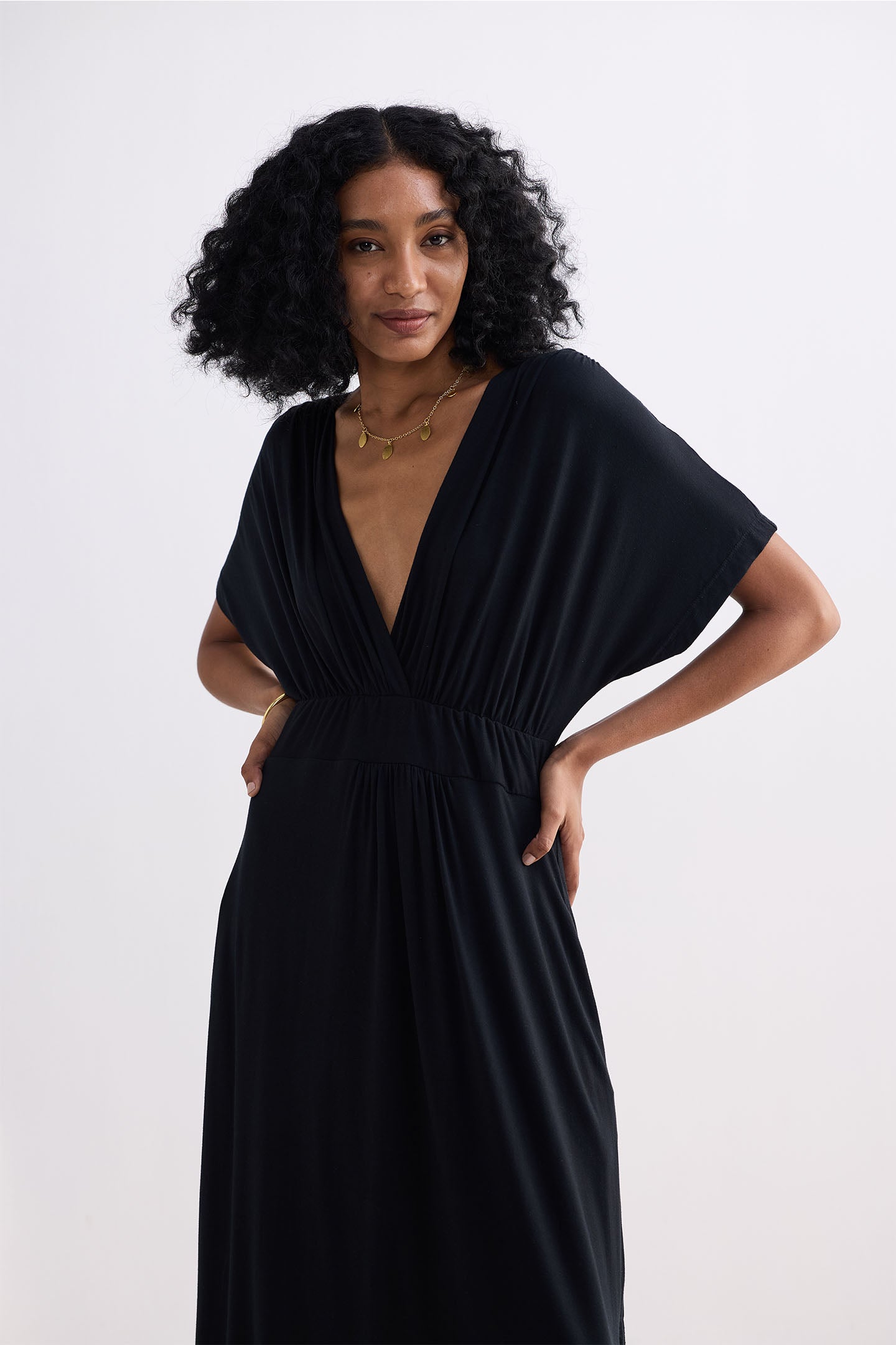 Flowy A-Line Maxi Dress with Side Slits in Black Closeup