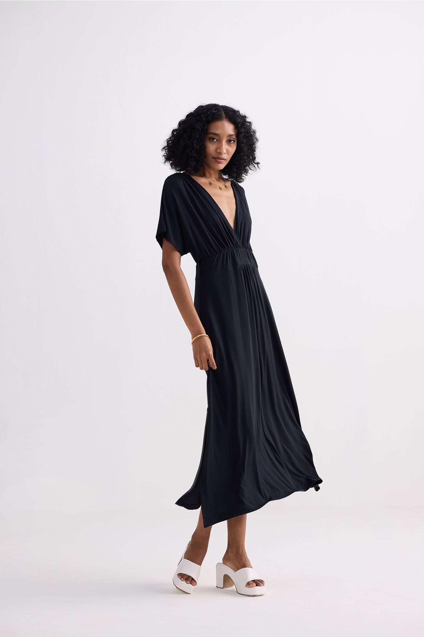 Flowy A-Line Maxi Dress with Side Slits in Black Side