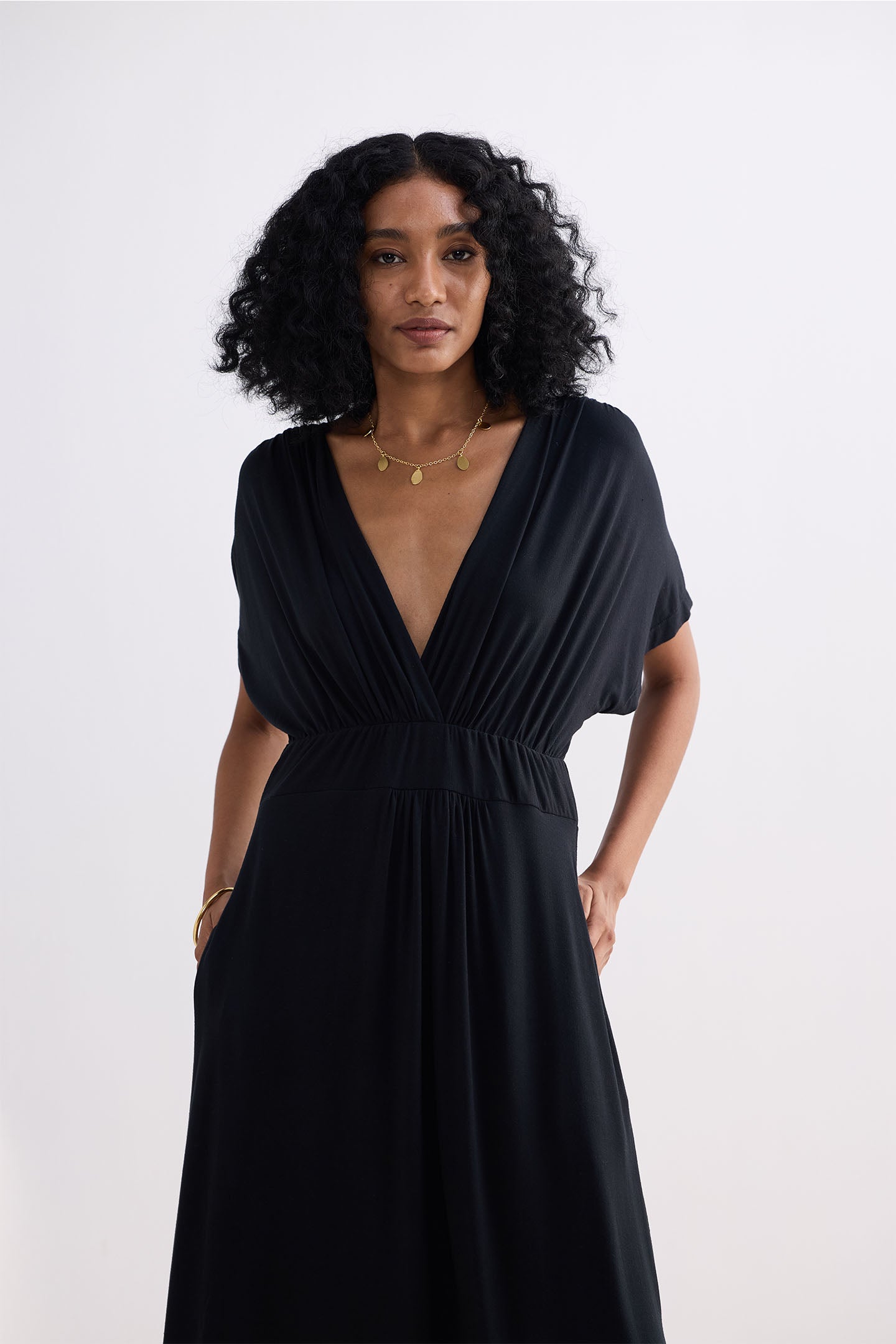 Flowy A-Line Maxi Dress with Side Slits in Black Closeup