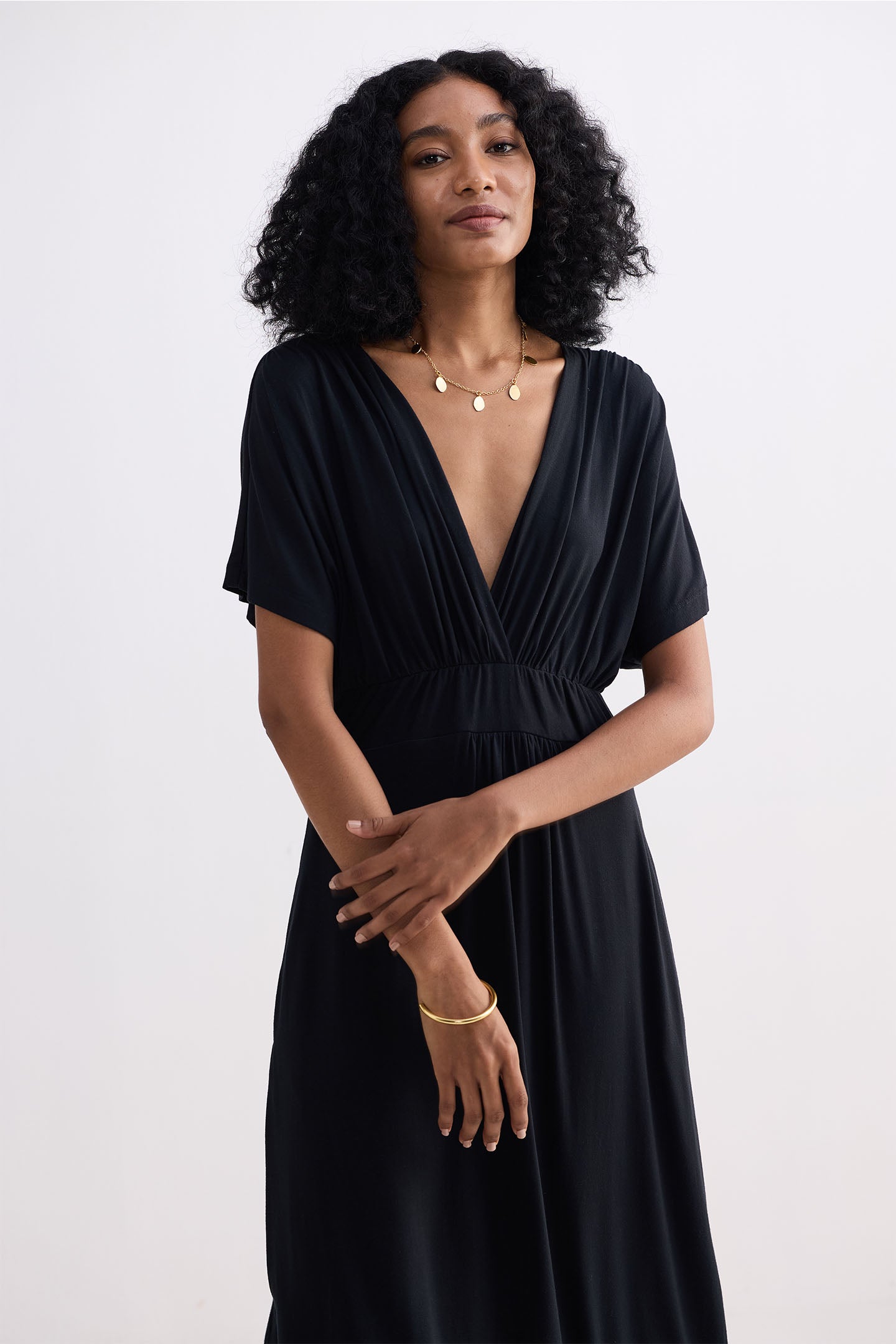 Flowy A-Line Maxi Dress with Side Slits in Black Closeup