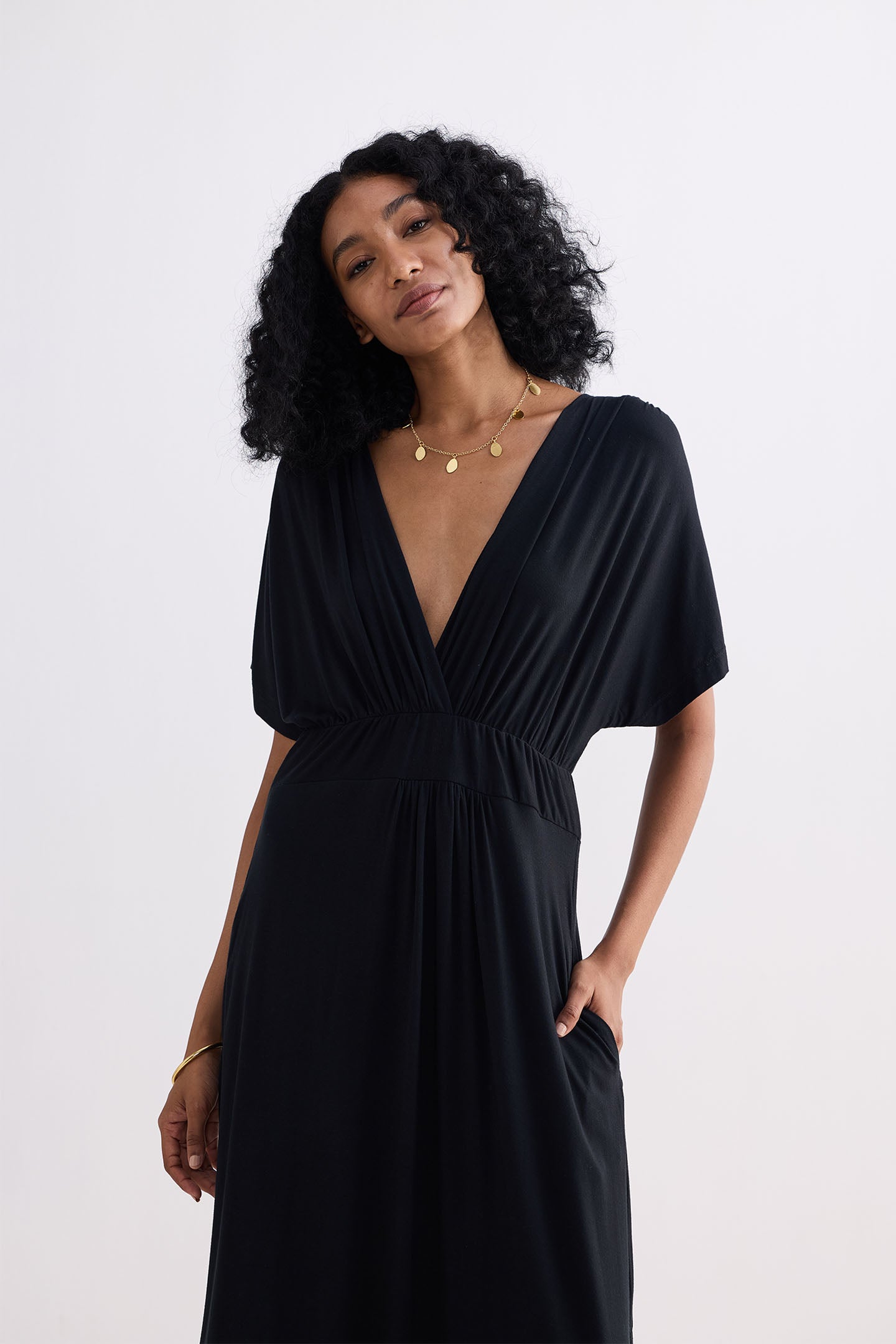 Flowy A-Line Maxi Dress with Side Slits in Black Closeup