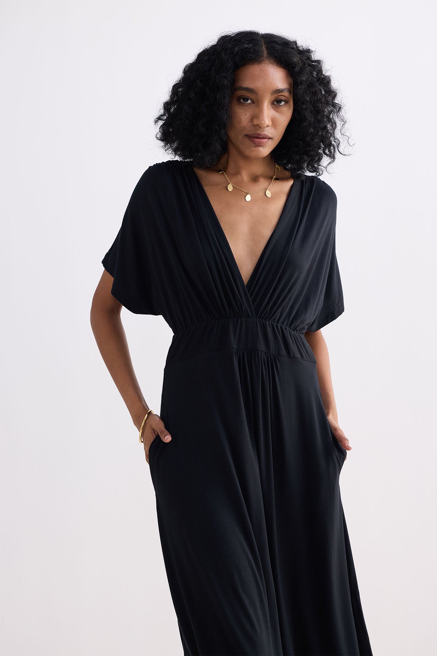 Flowy A-Line Maxi Dress with Side Slits in Black Closeup