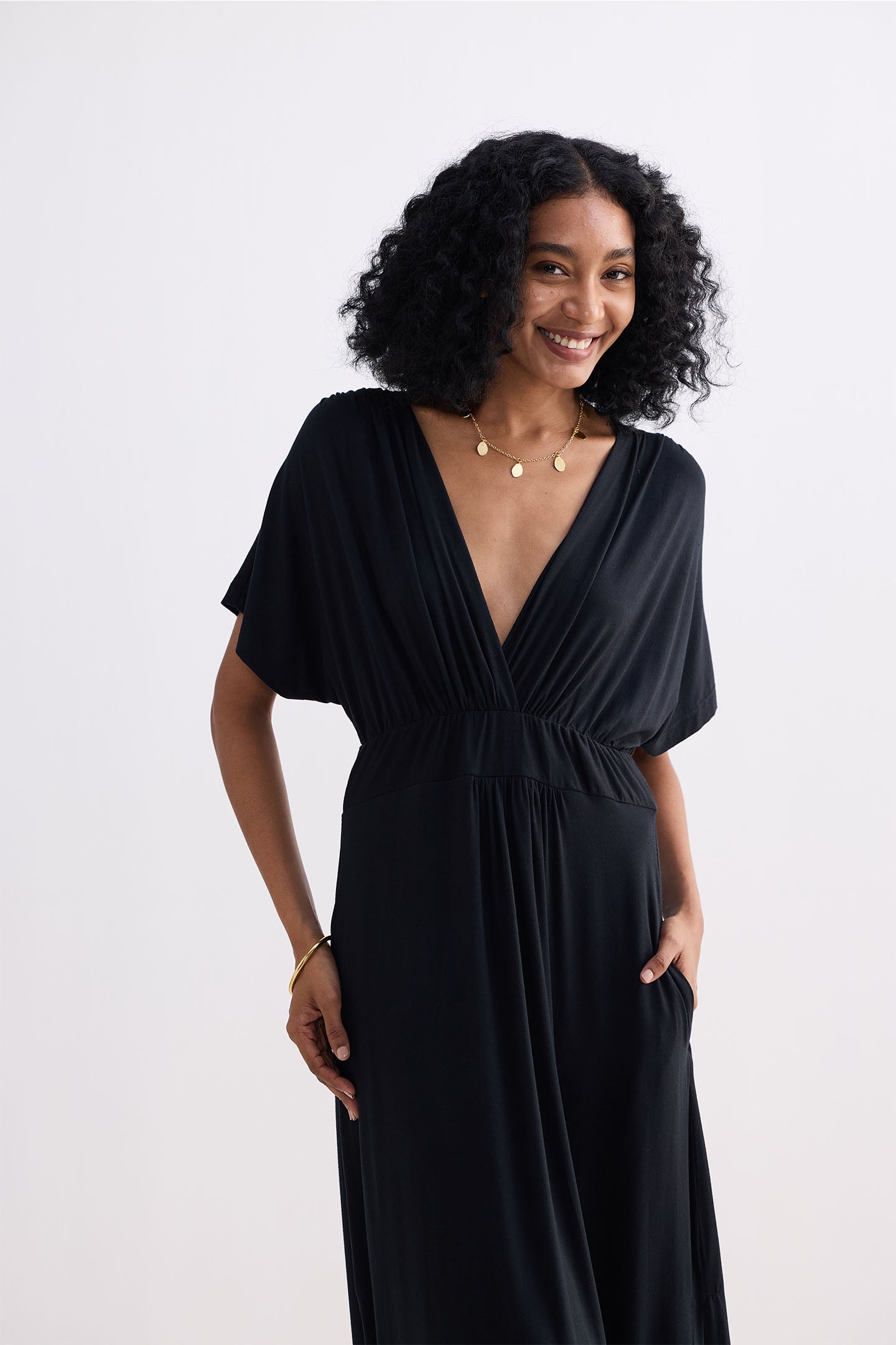 Flowy A-Line Maxi Dress with Side Slits in Black Closeup