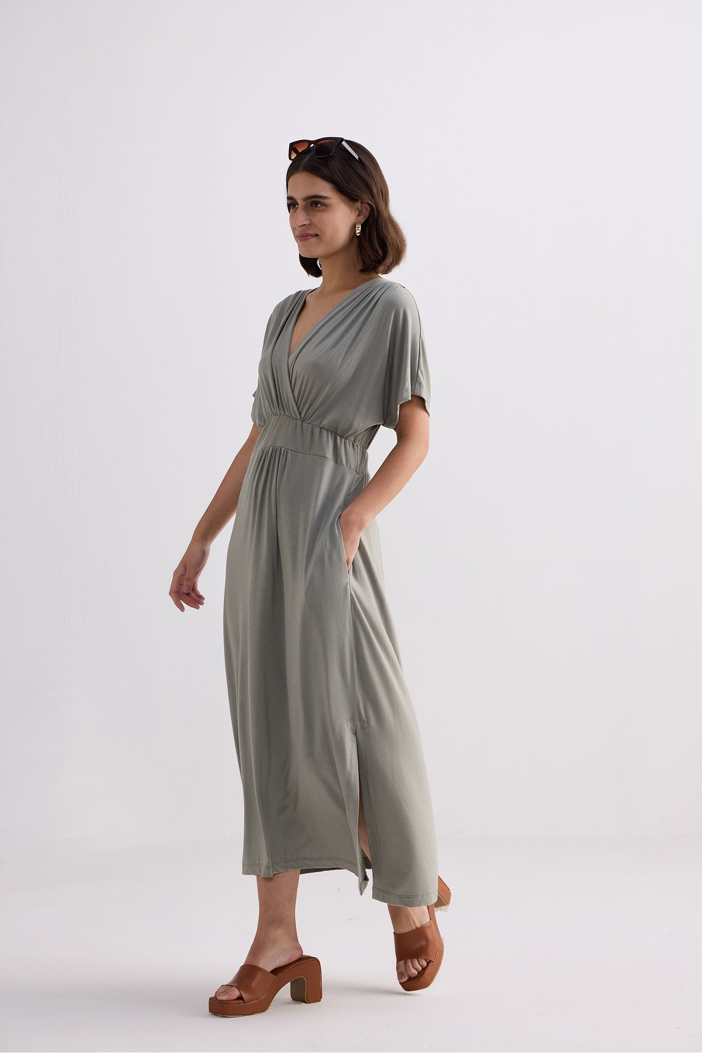 Flowy A-Line Maxi Dress with Side Slits in Light Olive Side