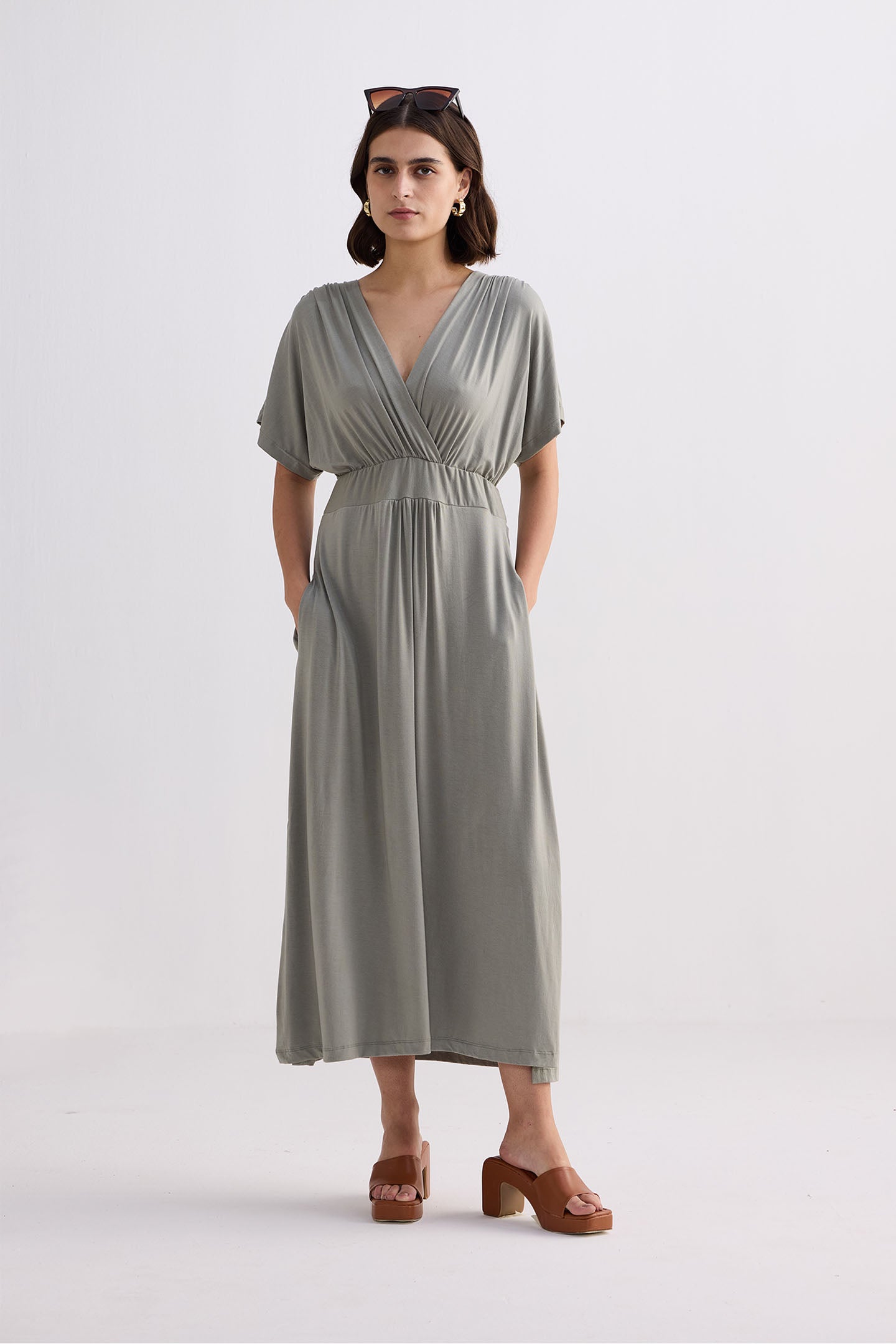 Flowy A-Line Maxi Dress with Side Slits in Light Olive Front