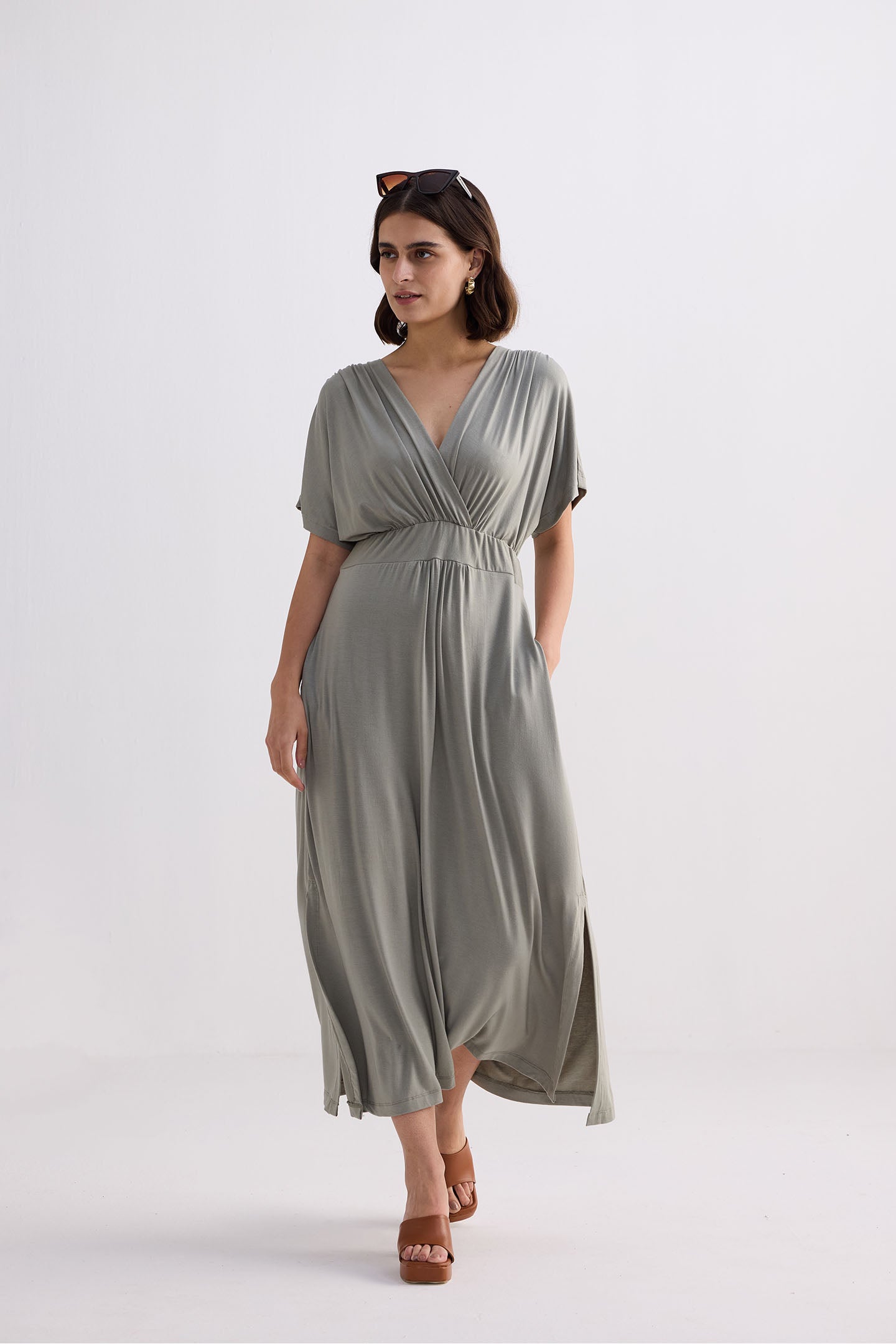 Flowy A-Line Maxi Dress with Side Slits in Light Olive Side