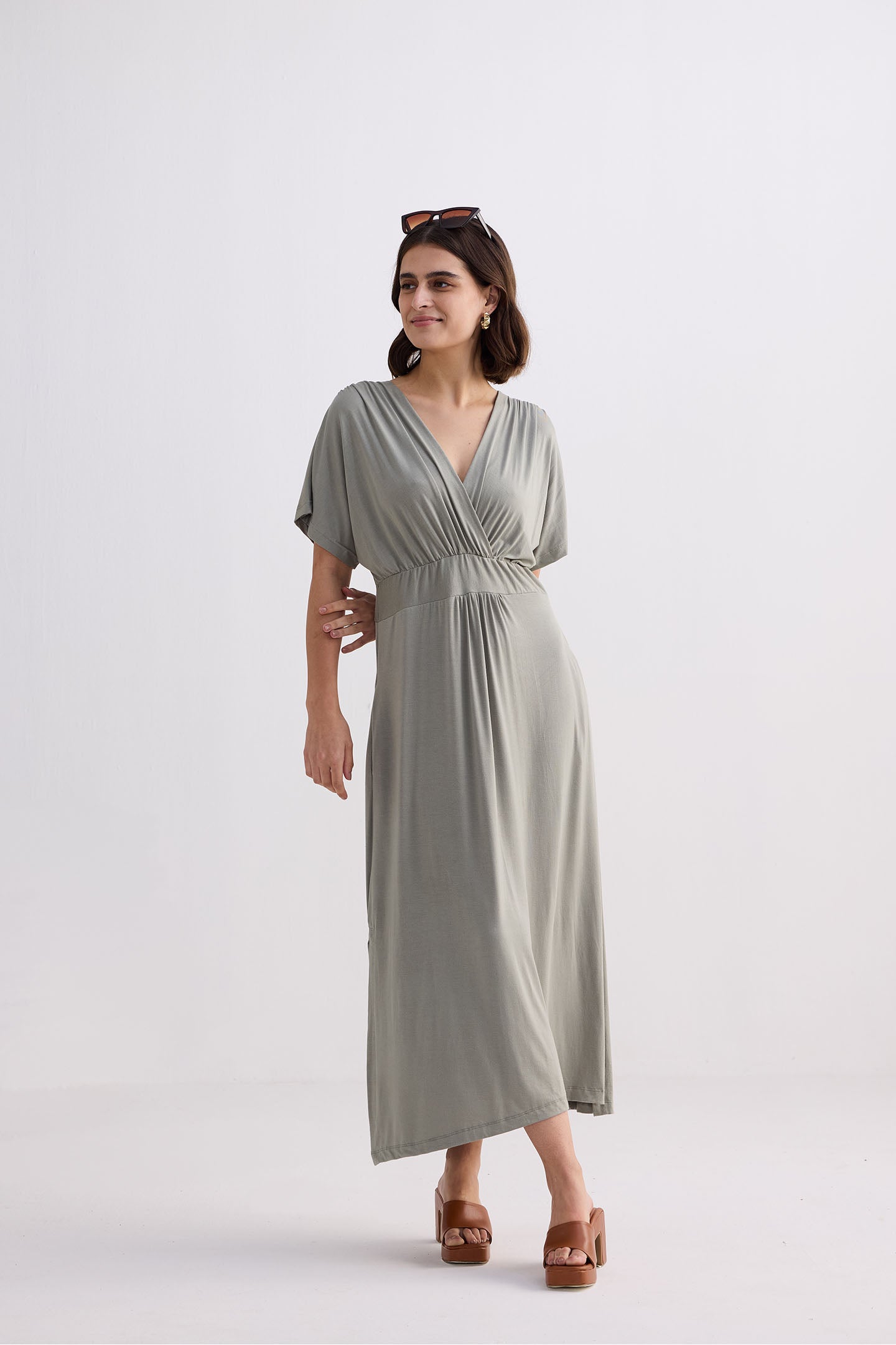 Flowy A-Line Maxi Dress with Side Slits in Light Olive Moodshot