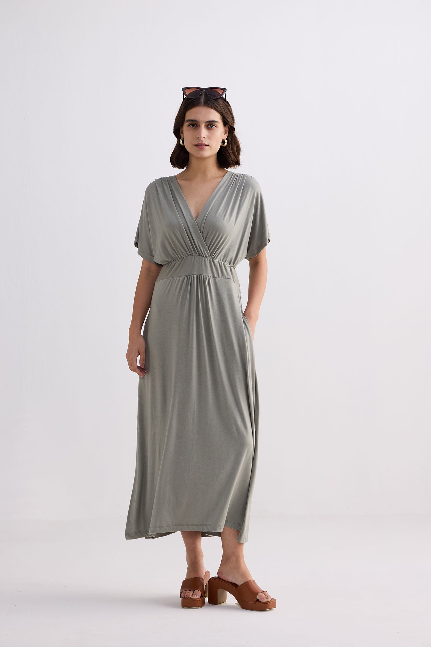Flowy A-Line Maxi Dress with Side Slits in Light Olive Front