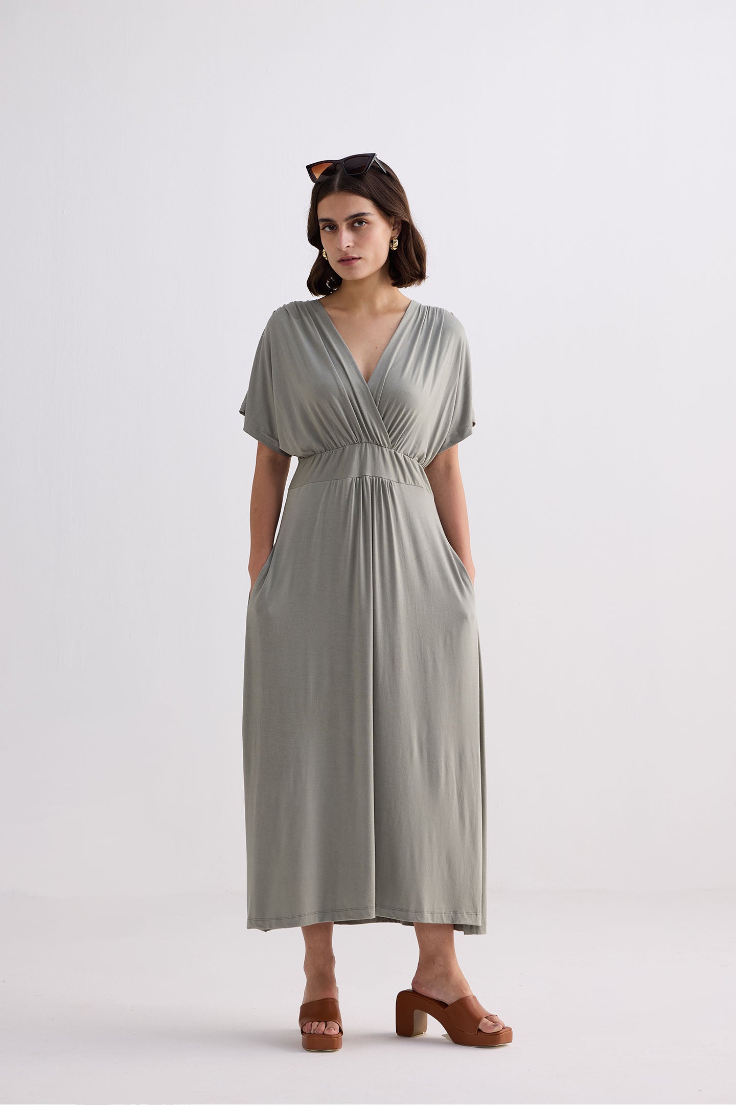Flowy A-Line Maxi Dress with Side Slits in Light Olive Front