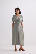 Flowy A-Line Maxi Dress with Side Slits in Light Olive