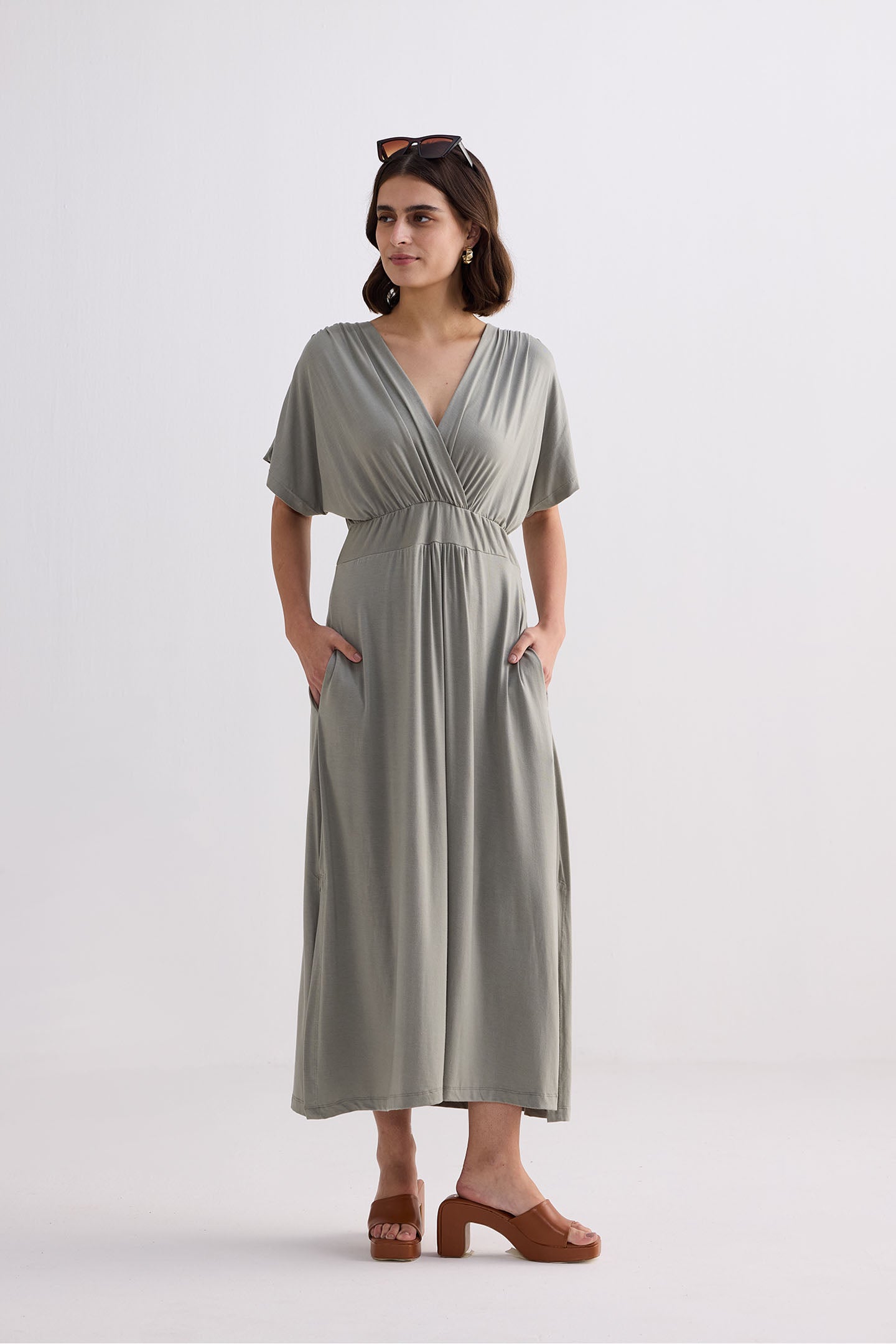 Flowy A-Line Maxi Dress with Side Slits in Light Olive Front