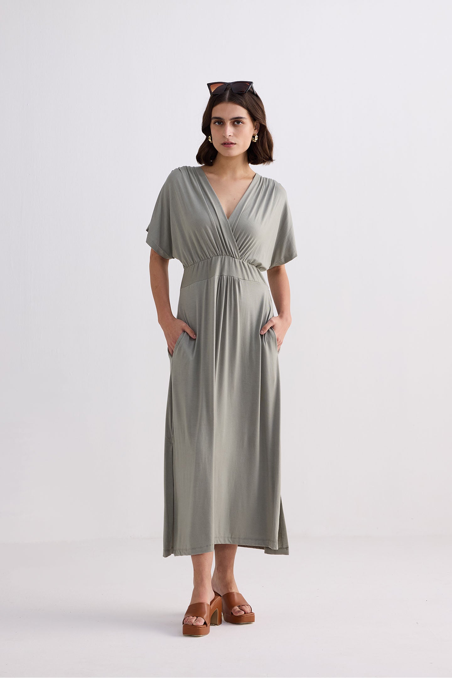 Flowy A-Line Maxi Dress with Side Slits in Light Olive Front