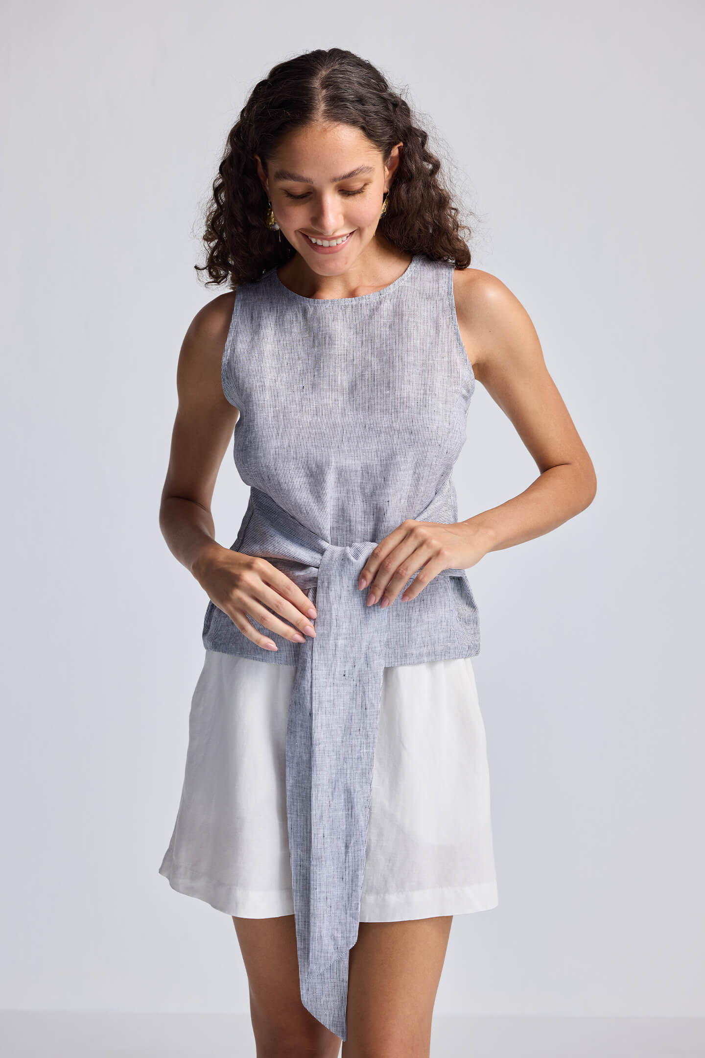Front-tie Top in Linen Stripes Front