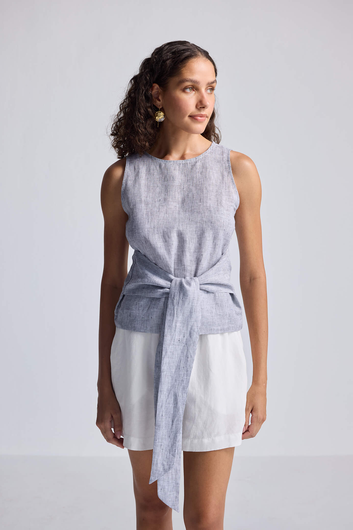 Front-tie Top in Linen Stripes