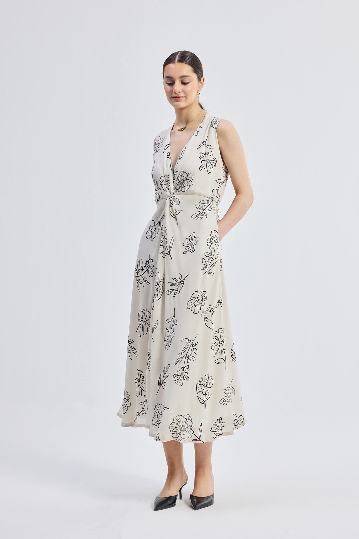 Front Twist Maxi dress in Black Florals Side