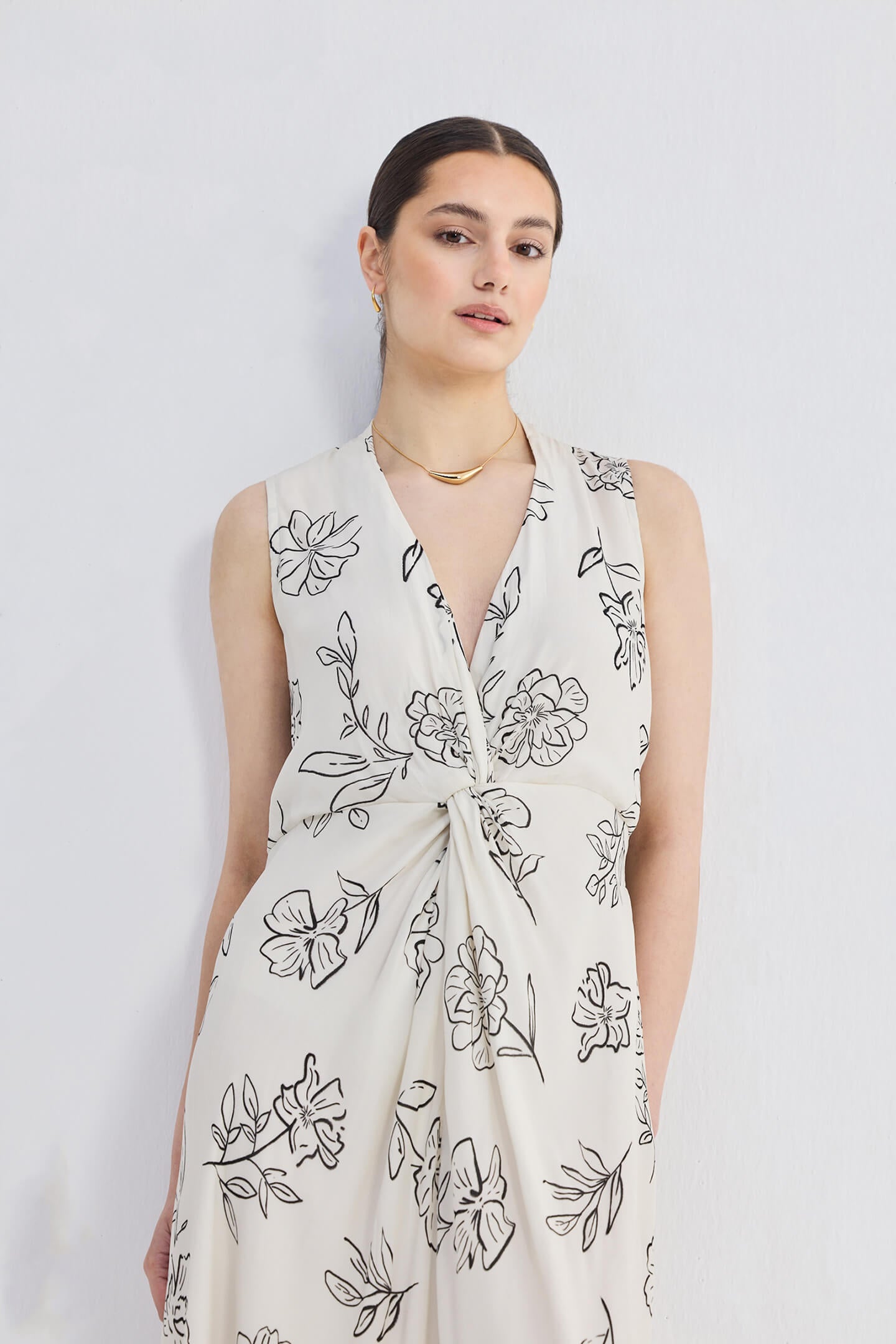 Front Twist Maxi dress in Black Florals Closeup