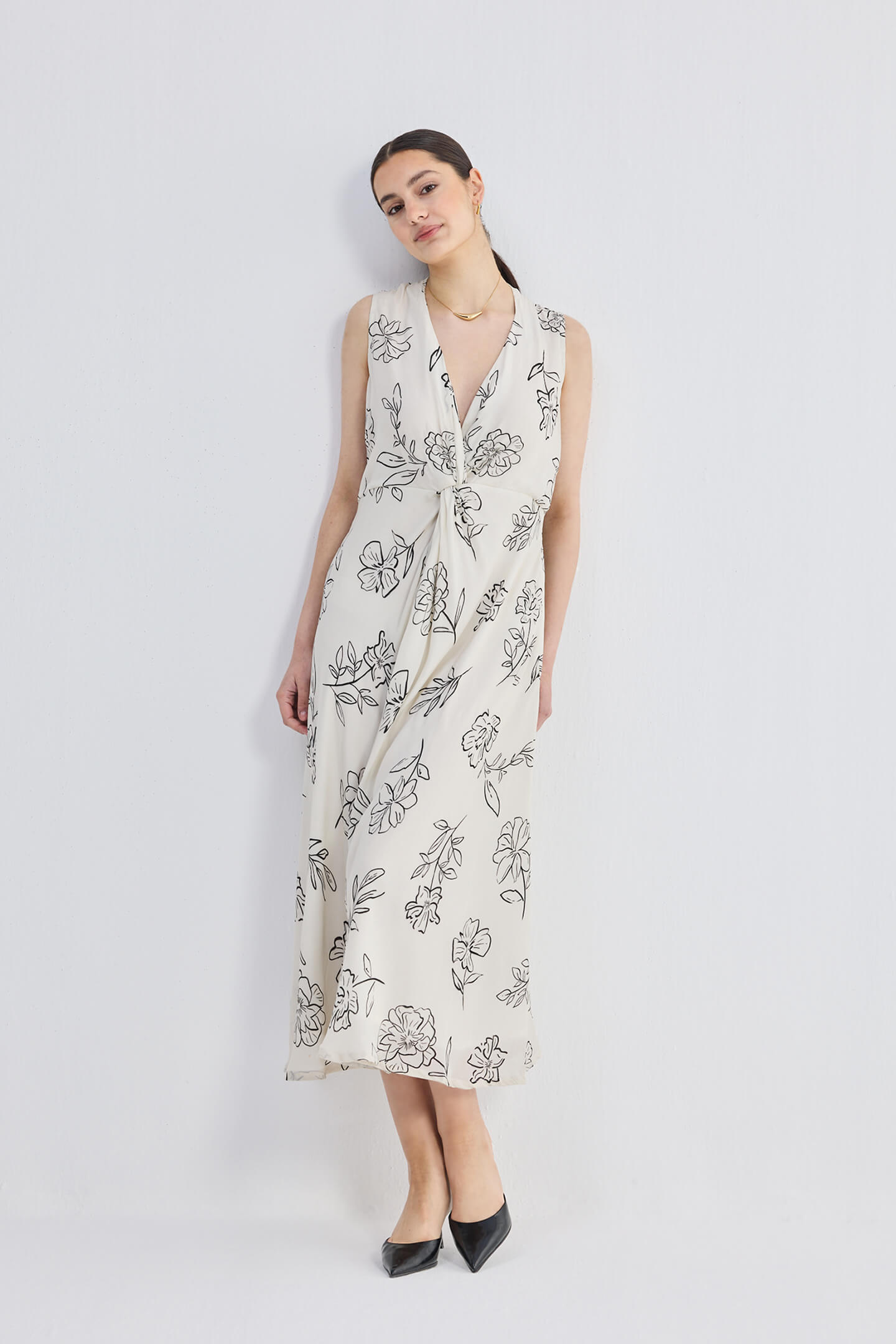 Front Twist Maxi dress in Black Florals Side