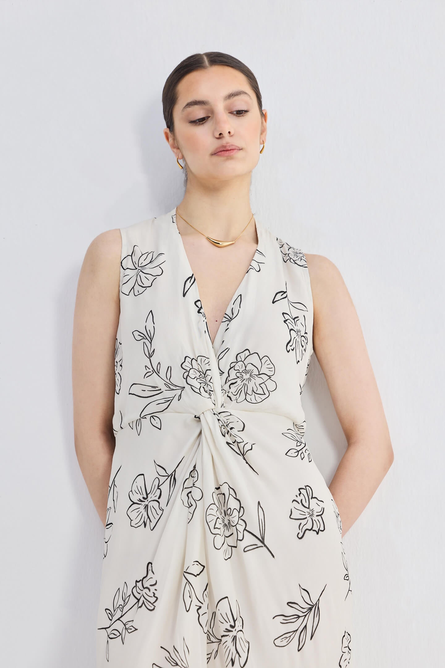 Front Twist Maxi dress in Black Florals Closeup