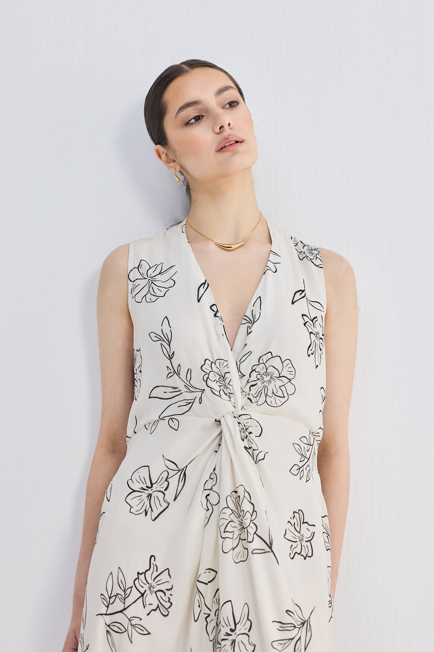 Front Twist Maxi dress in Black Florals Closeup