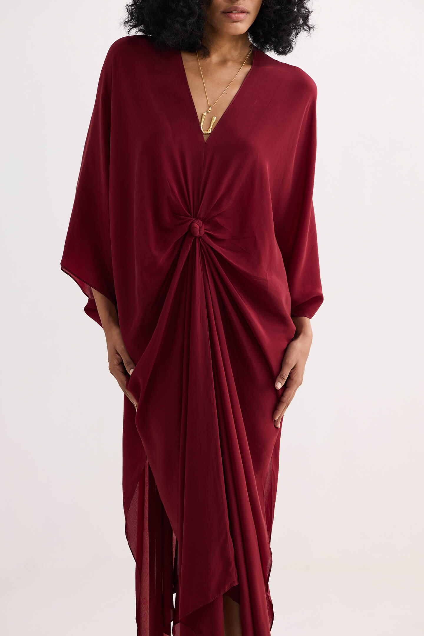 Front Twist Kaftan Dress in Burgundy Closeup