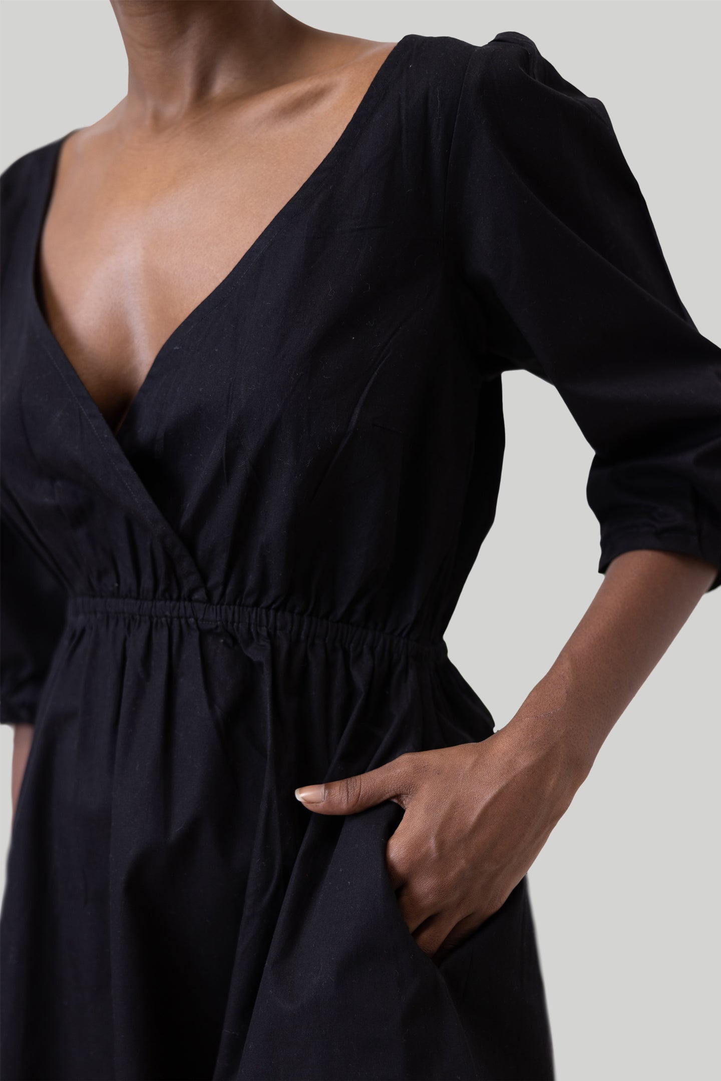 elbow sleeve cocktail dress Gathered Elbow Sleeve Short Dress in Black Reistor