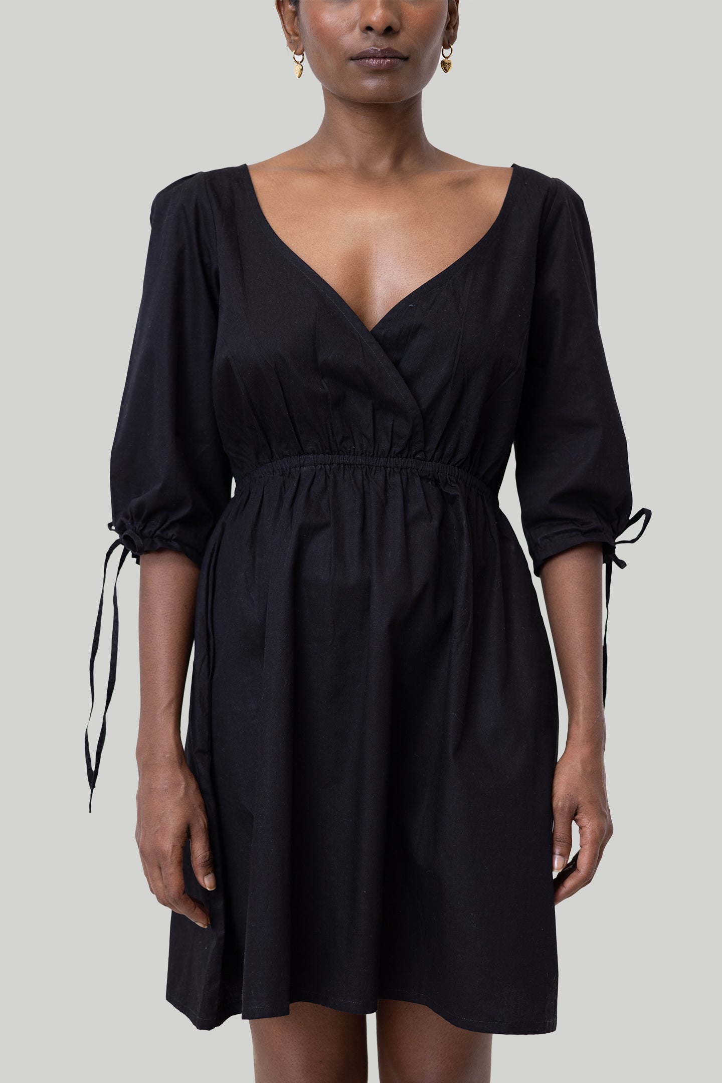Gathered Elbow Sleeve Short Dress in Black Reistor Gathered Elbow Sleeve Short Dress in Black Reistor