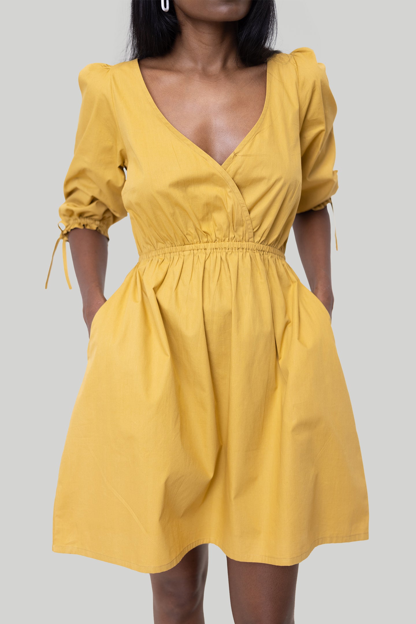Gathered Elbow Sleeve Short Dress in Mustard Tuscan Sun / 2XL Gathered Elbow Sleeve Short Dress in Mustard Tuscan Sun / 2XL