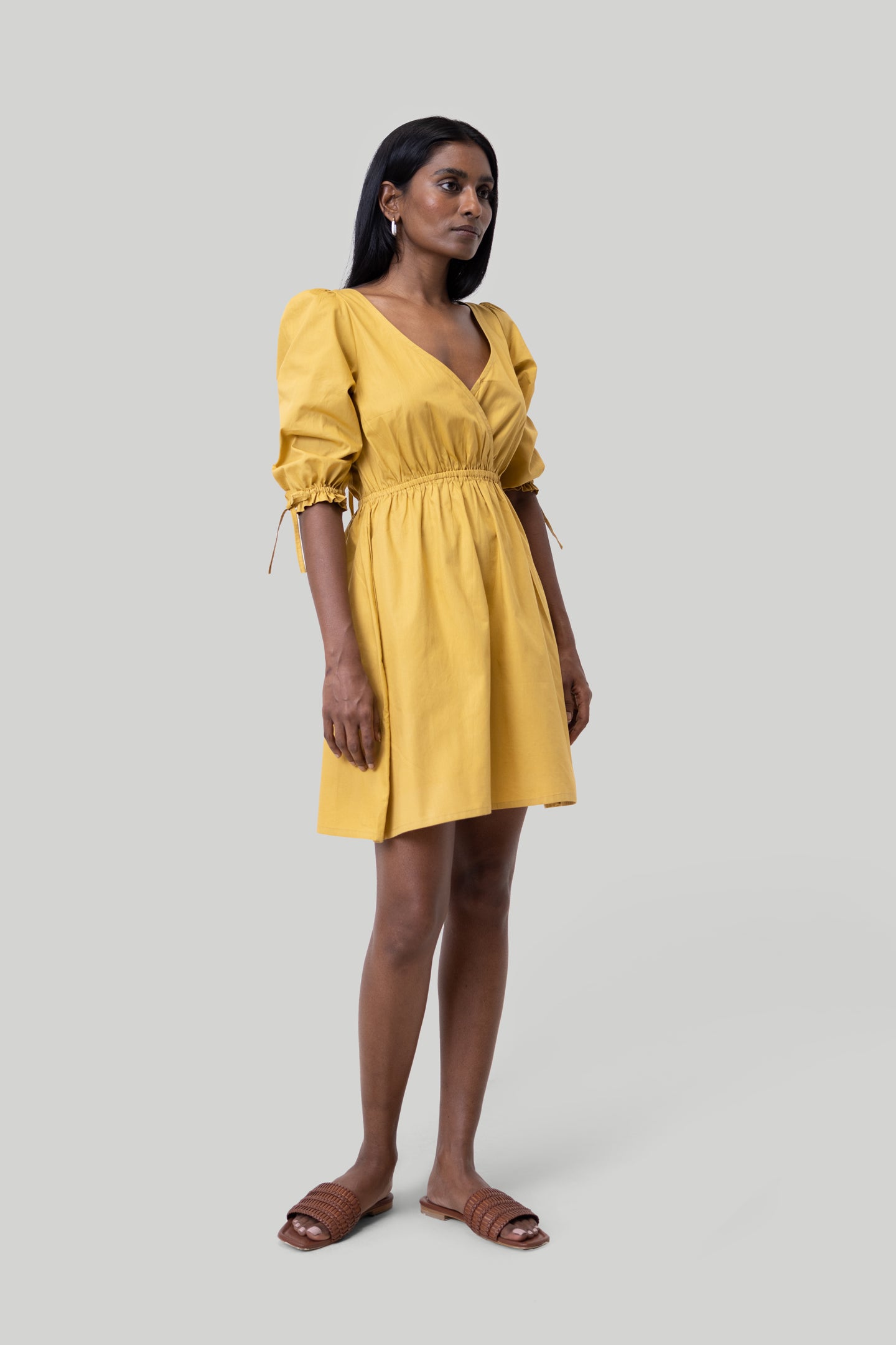 Gathered Elbow Sleeve Short Dress in Mustard Tuscan Sun / 2XL Gathered Elbow Sleeve Short Dress in Mustard Tuscan Sun / 2XL