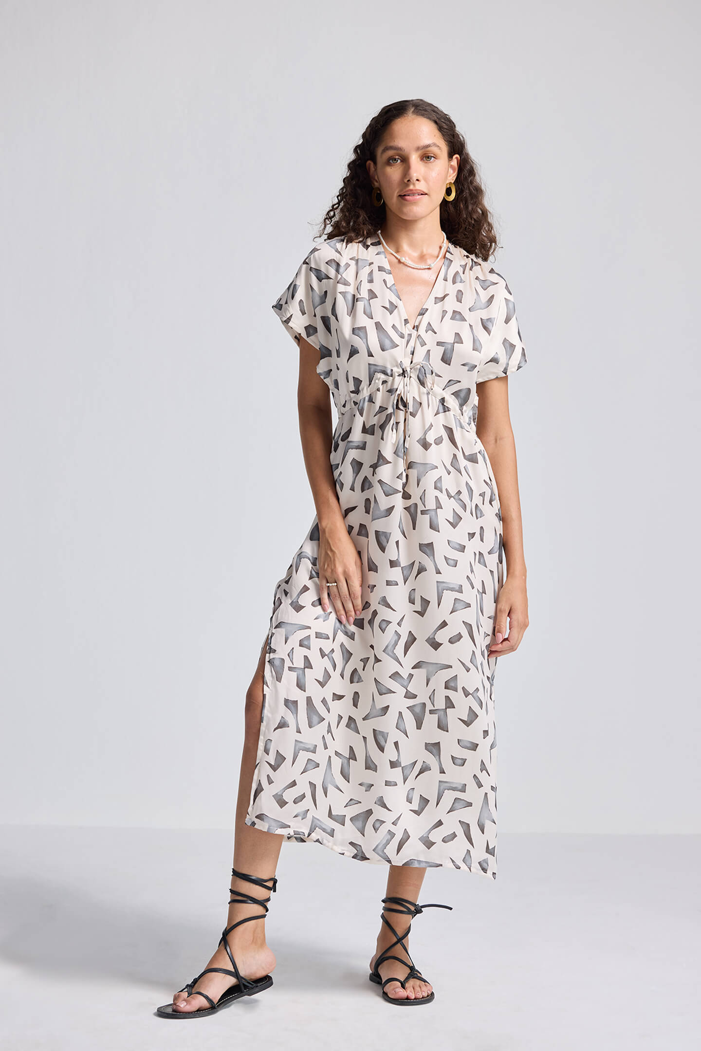 Gathered Maxi Dress with Side Slits in Mosaic Front