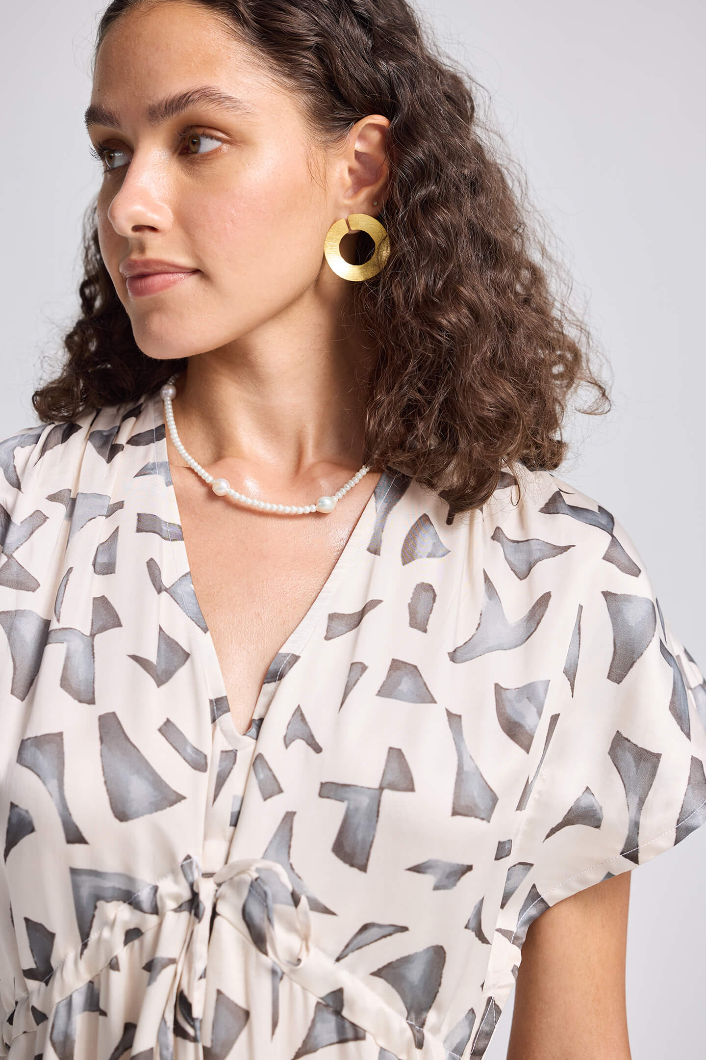 Gathered Maxi Dress with Side Slits in Mosaic Closeup